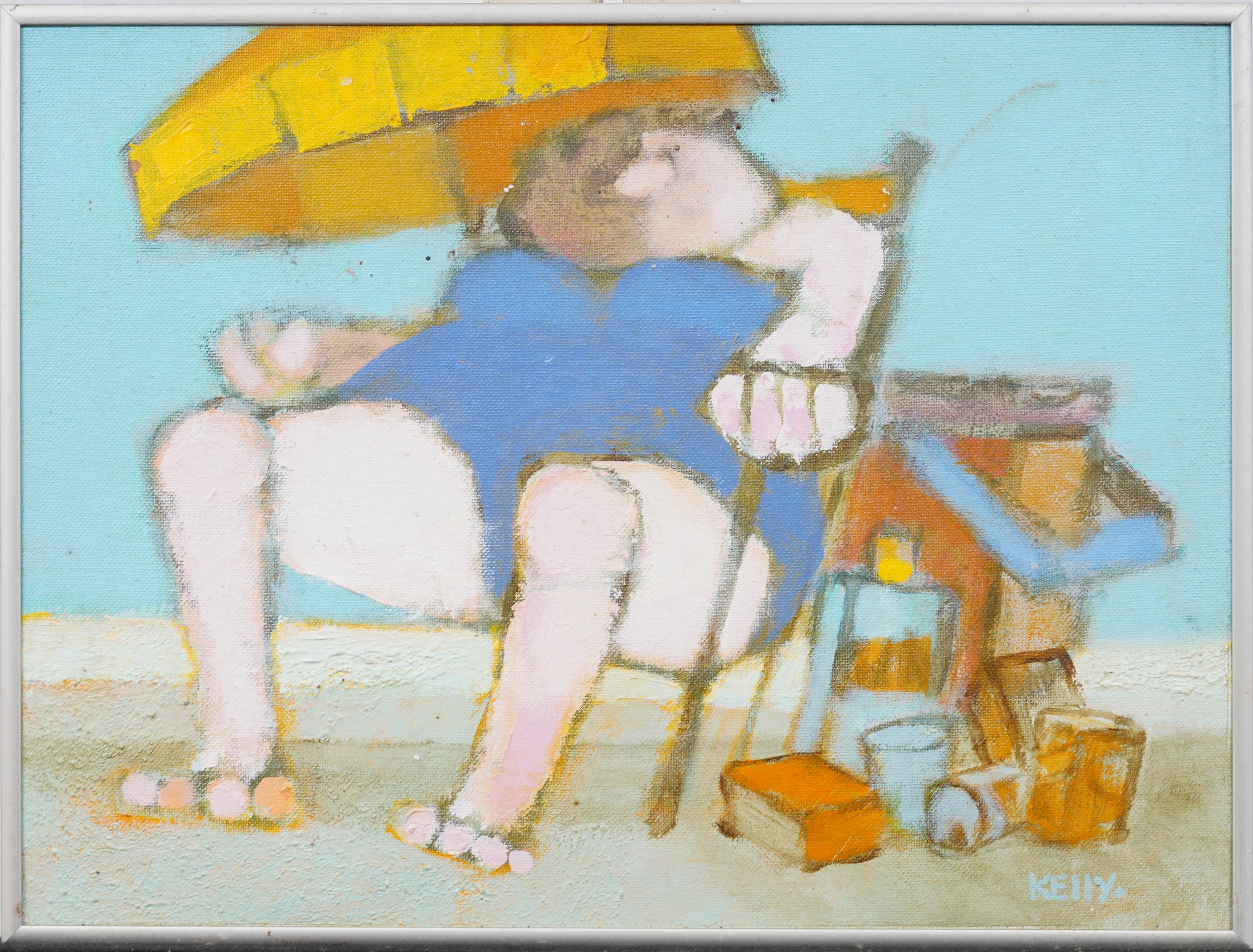 Vintage Framed American Modernist Surreal Beach Scene Fauvist Oil Painting