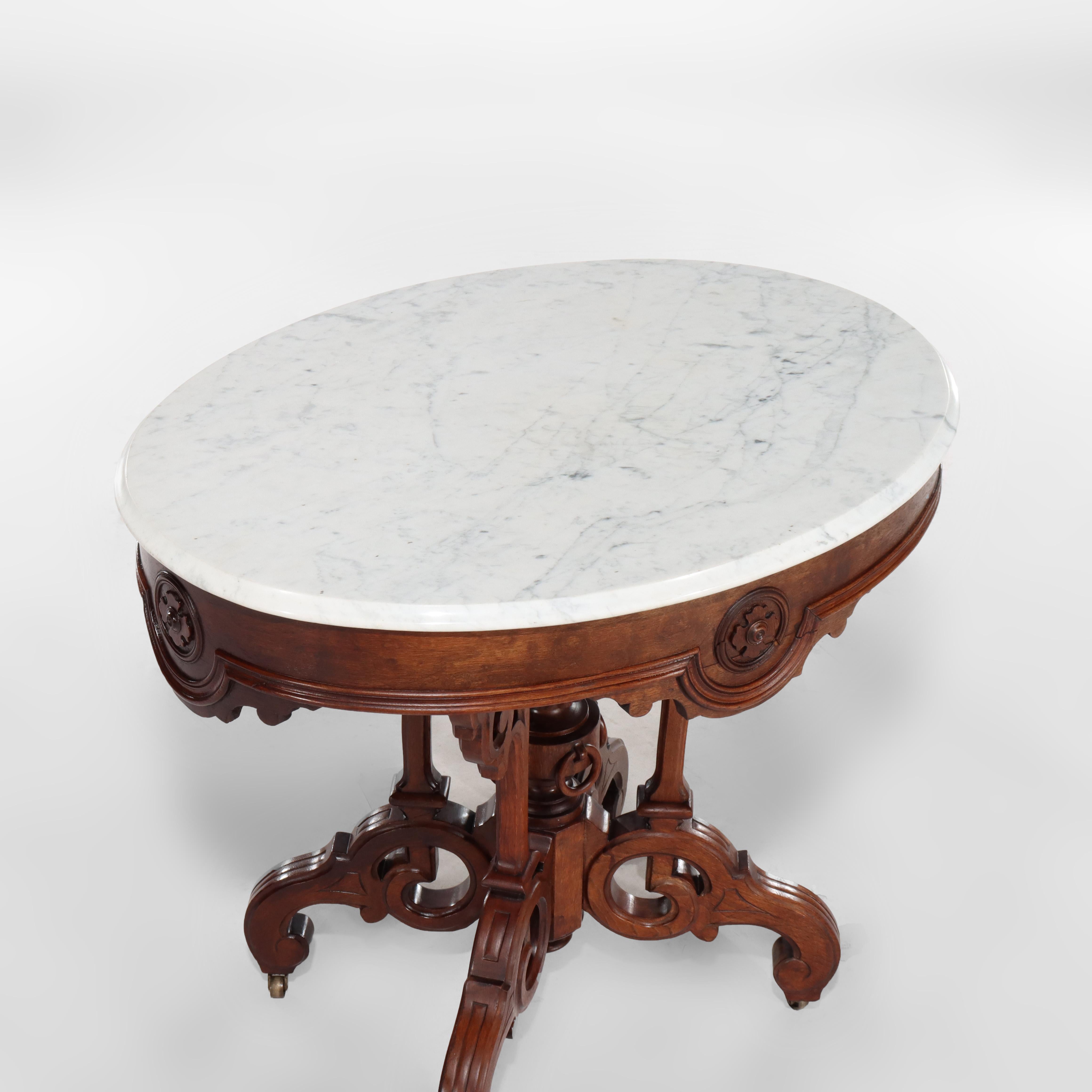 Brooks Renaissance Revival Carved Walnut, Rosewood and Marble Parlor Table c1890 For Sale 7