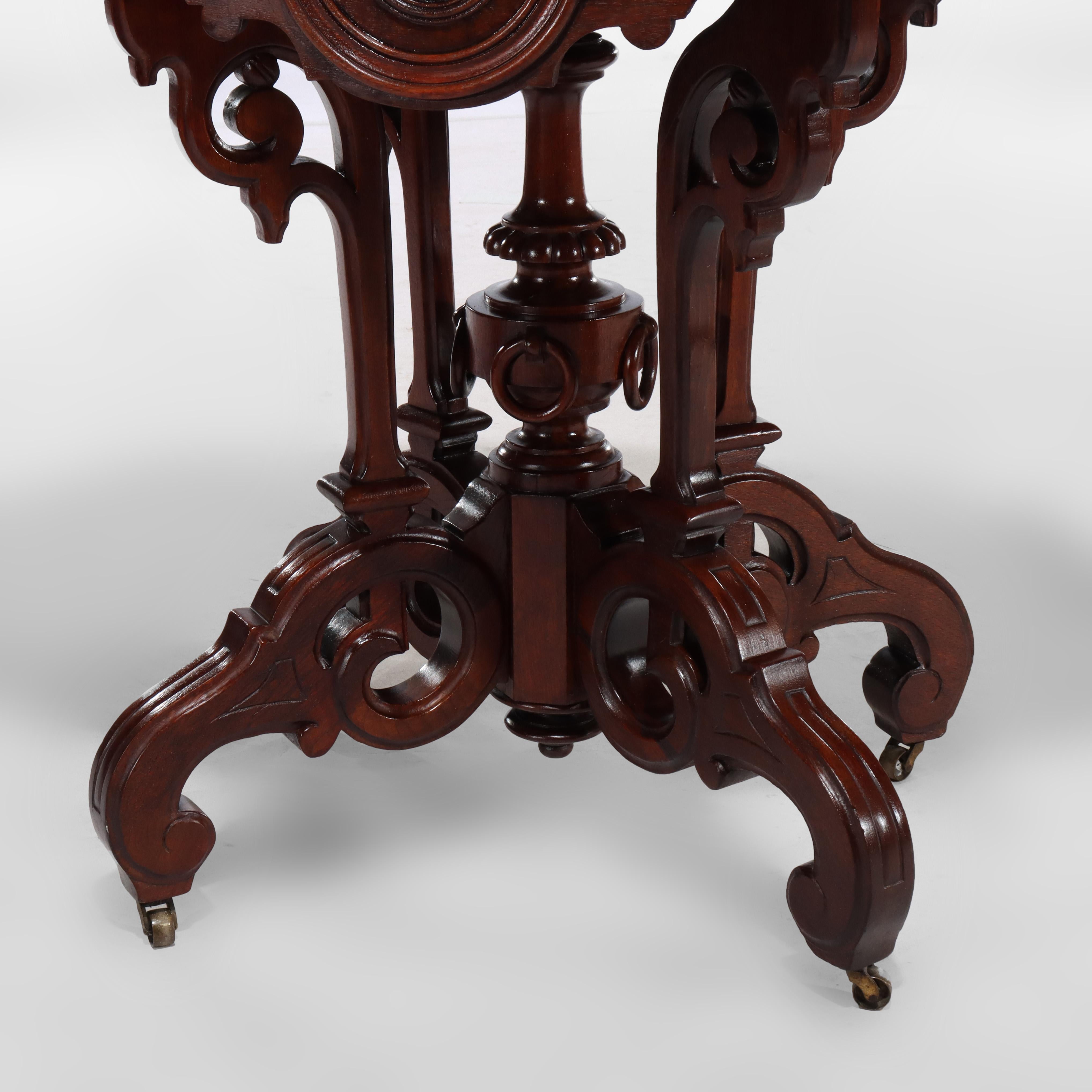 19th Century Brooks Renaissance Revival Carved Walnut, Rosewood and Marble Parlor Table c1890 For Sale