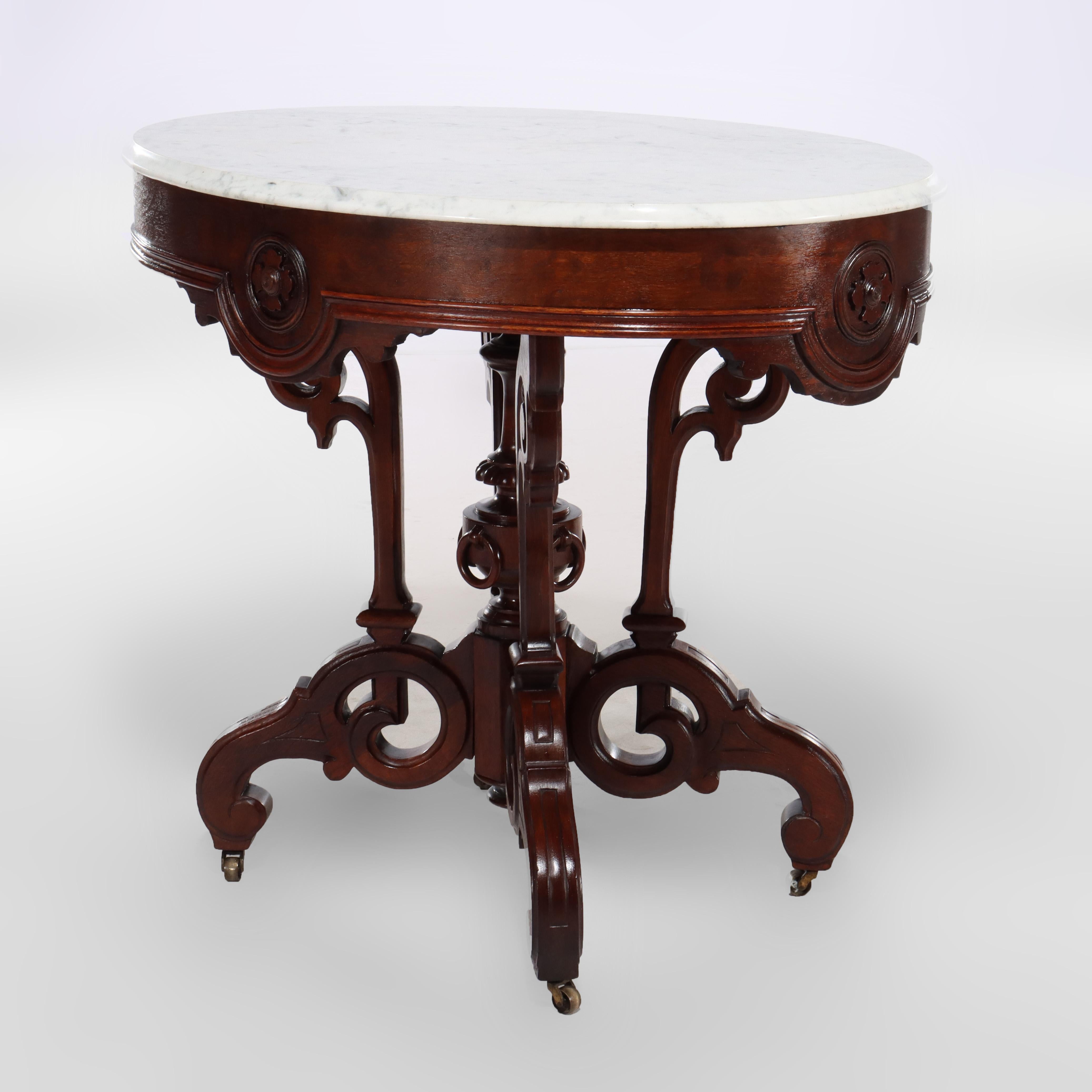 Brooks Renaissance Revival Carved Walnut, Rosewood and Marble Parlor Table c1890 For Sale 2