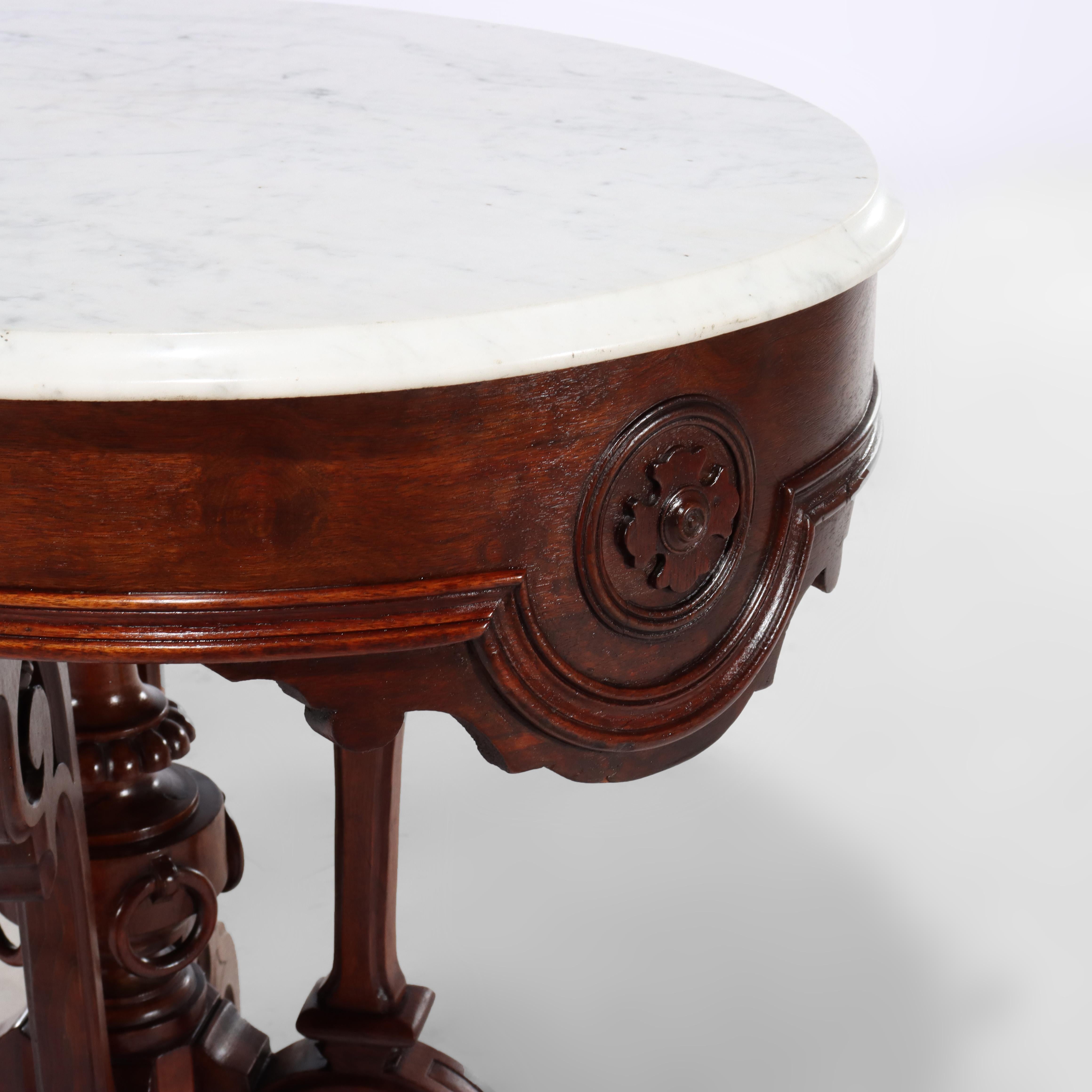 Brooks Renaissance Revival Carved Walnut, Rosewood and Marble Parlor Table c1890 For Sale 4
