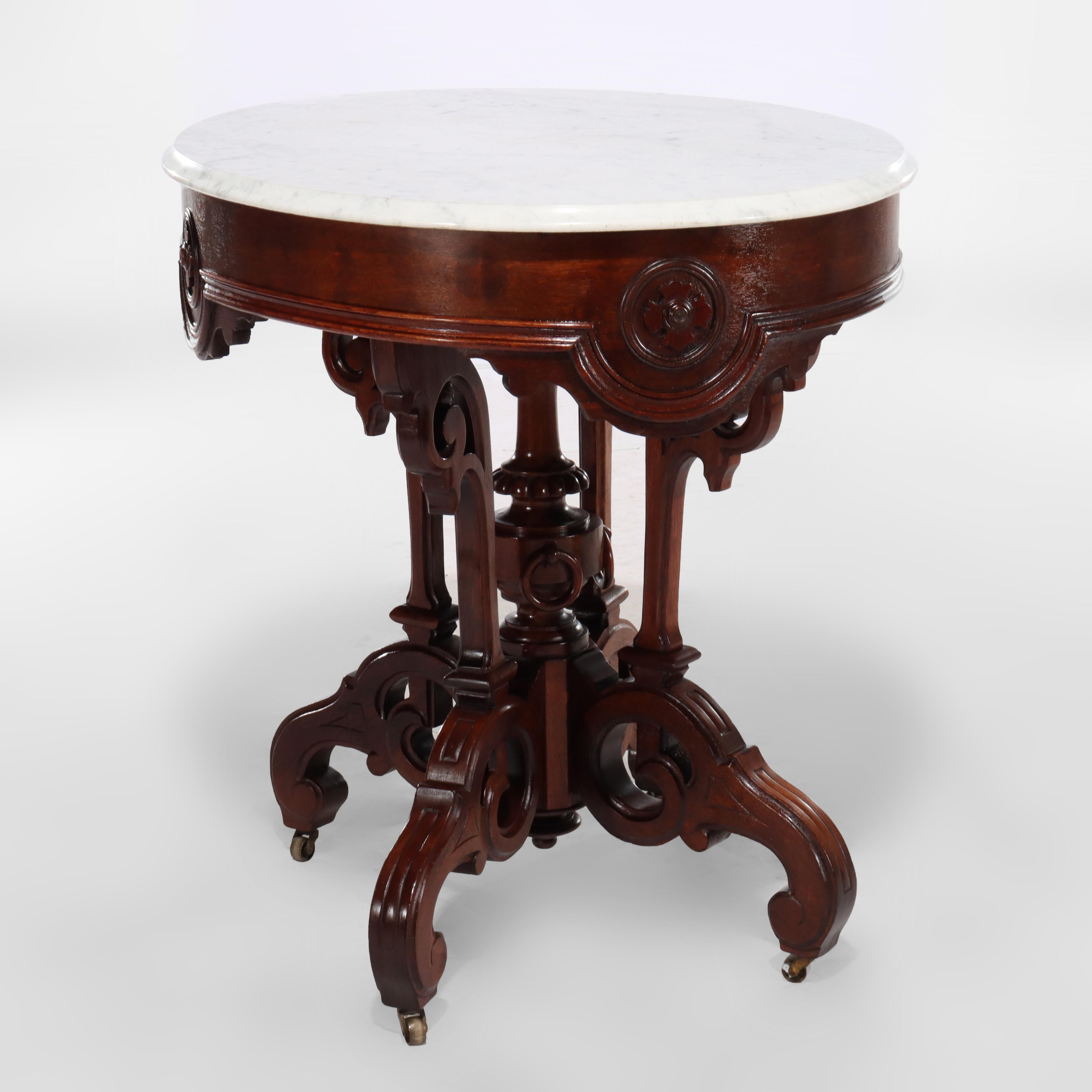 Brooks Renaissance Revival Carved Walnut, Rosewood and Marble Parlor Table c1890 For Sale 5