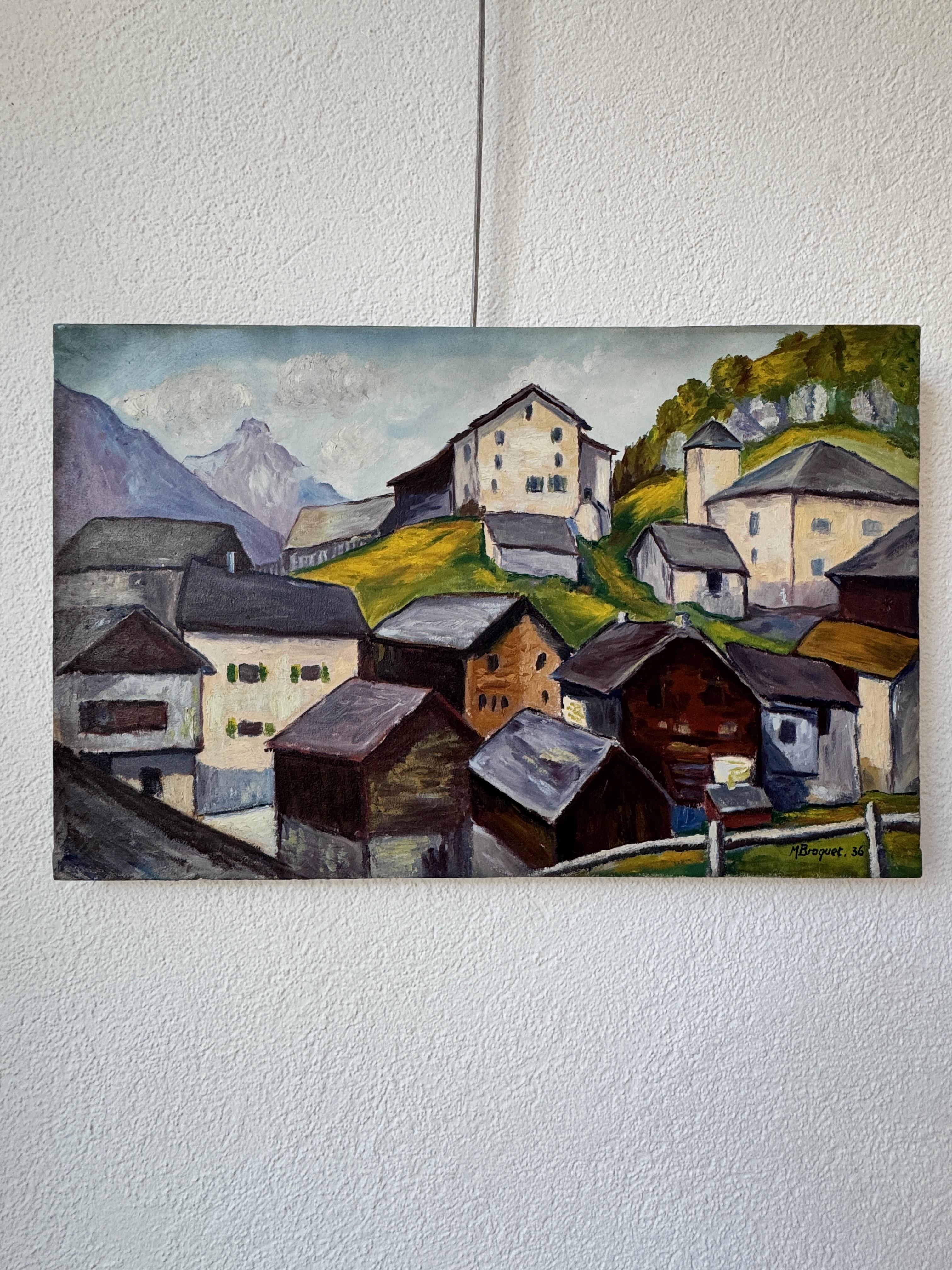 Mountain village and mazots in front of the Matterhorn. - Painting by Broquet M