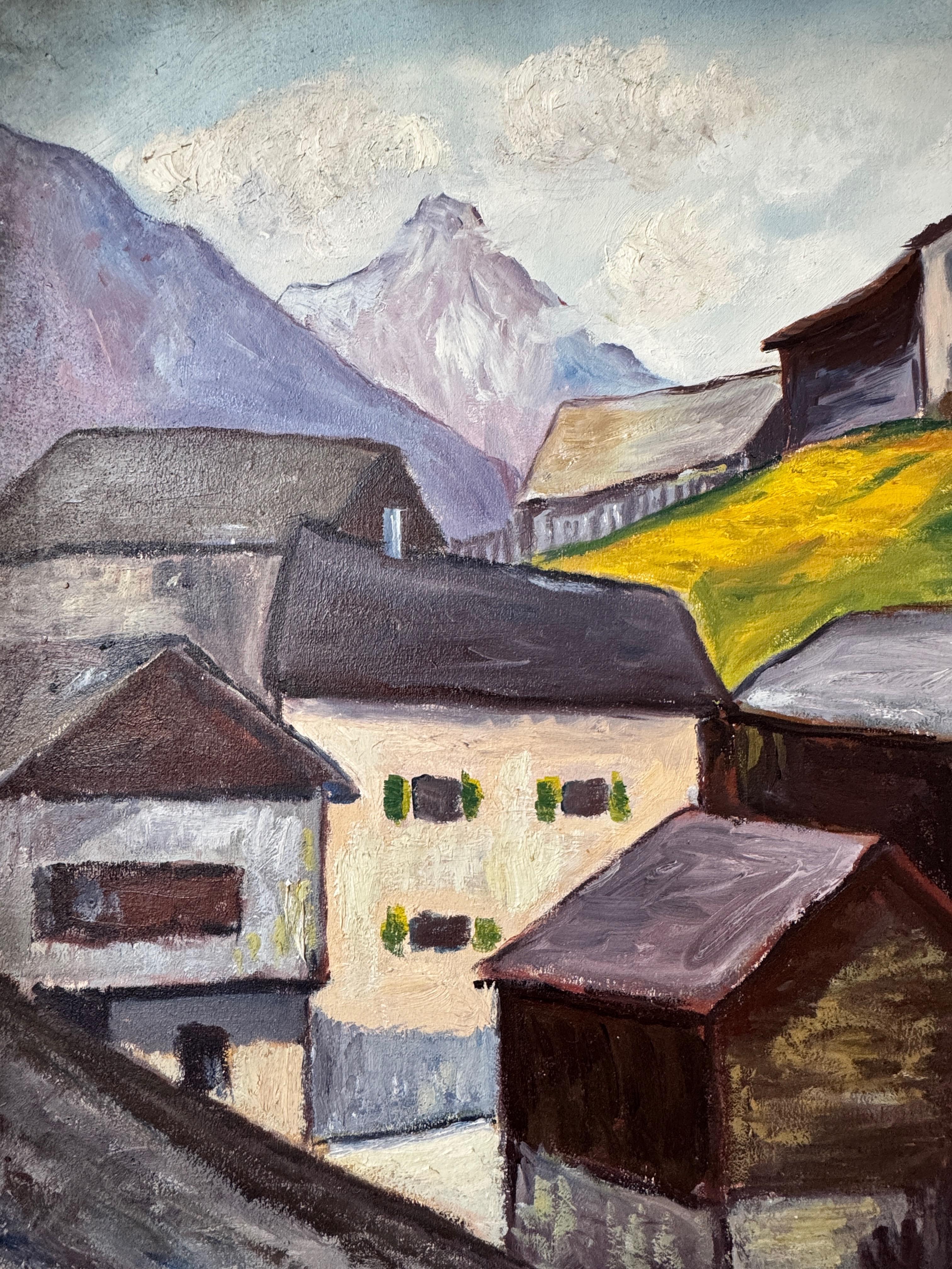 Mountain village and mazots in front of the Matterhorn. - Impressionist Painting by Broquet M