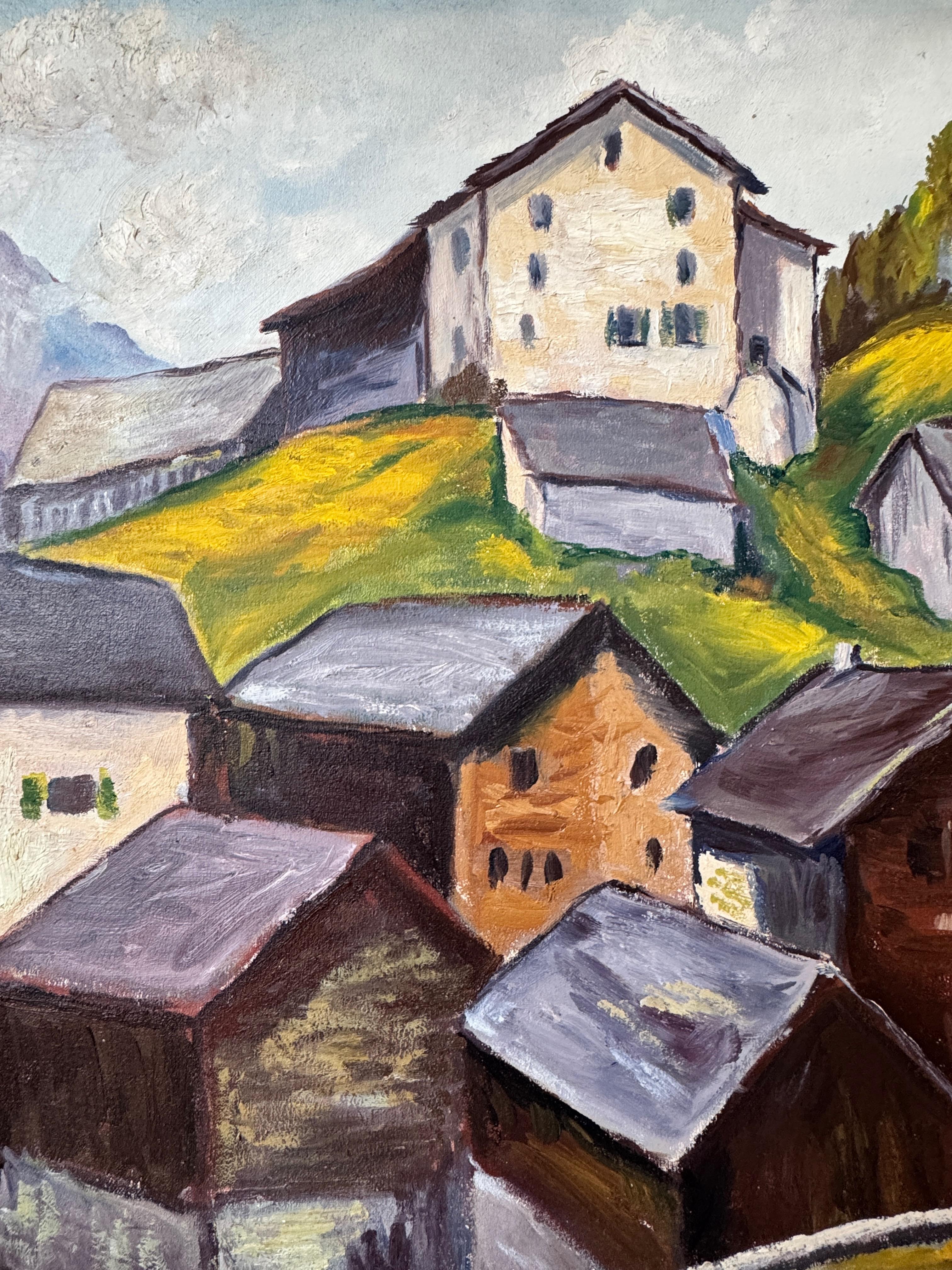 Mountain village and mazots in front of the Matterhorn. - Black Landscape Painting by Broquet M
