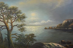 Moonlit Archipelago Landscape Large Panoramic Oil Painting mid 20th century