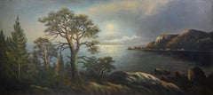 Moonlit Archipelago Landscape Large Panoramic Oil Painting mid 20th century