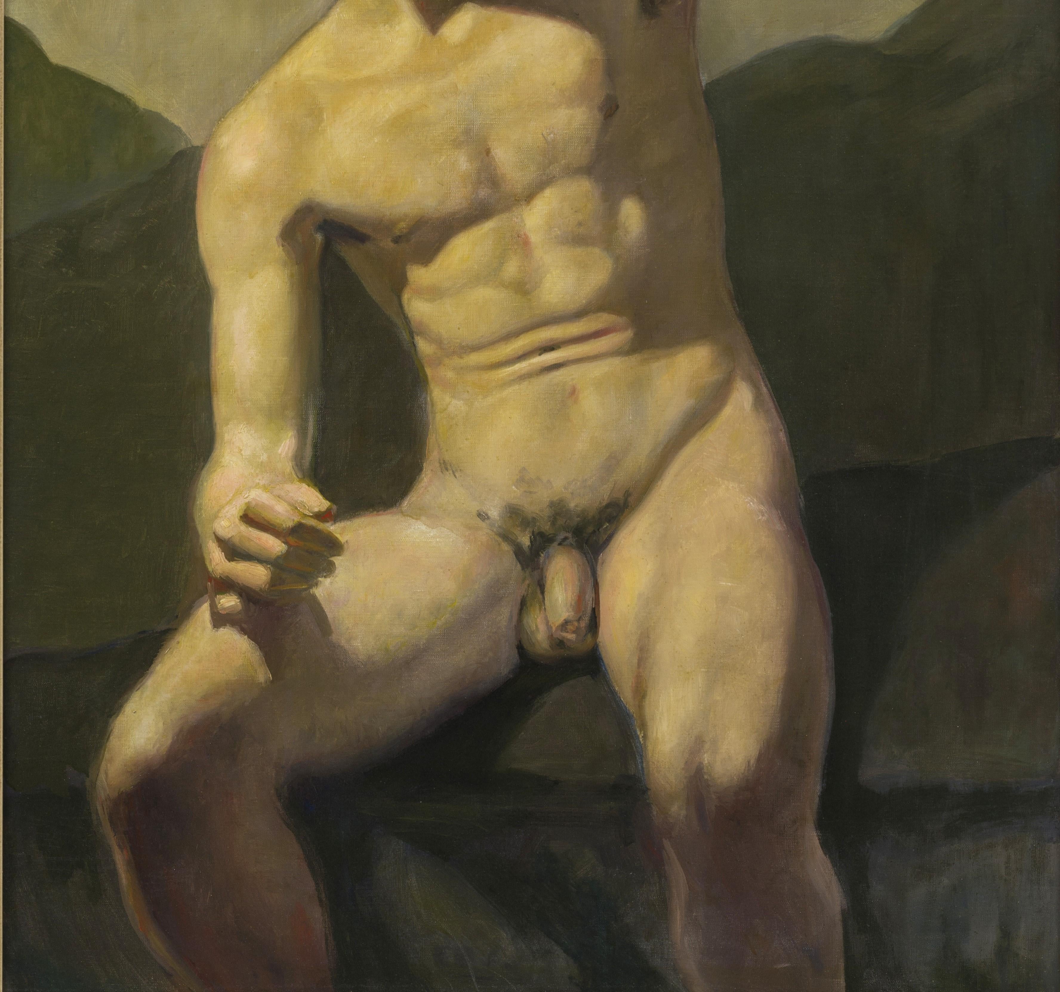 Bror Hillgren, (svedese 1881-1955), Nudo maschile in paesaggio, anni '40 circa, olio su tela, 100 cm x 67 cm (118 cm x 86 cm incorniciato). 

Artista svedese che ha studiato alla Swedish Art Academy e a Parigi nella prima parte del XX secolo, è
