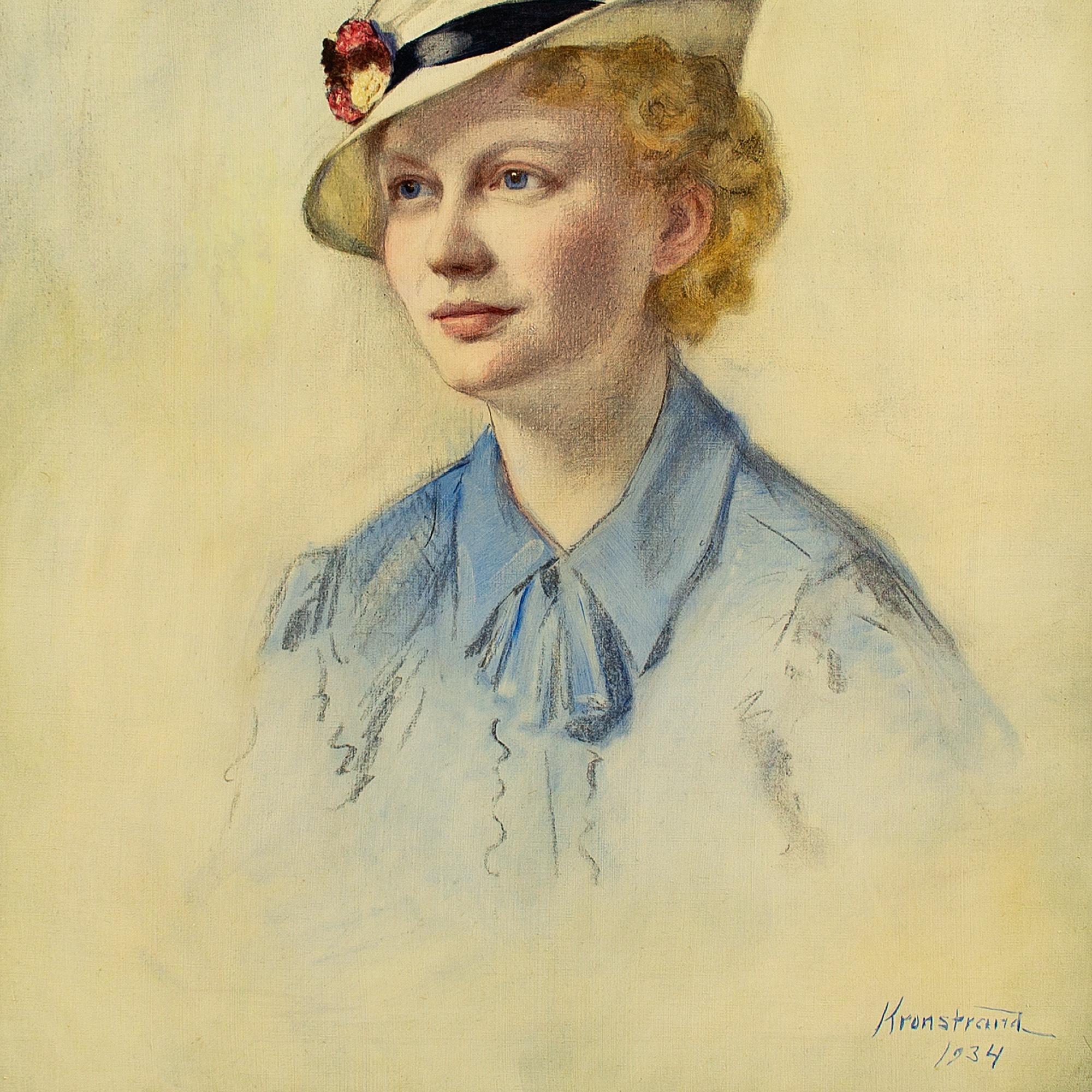 This charming portrait by Bror Kronstrand (1875-1950) depicts Brita Söderberg (nee Browall) wearing a light blue blouse with a white hat, ribbon and flower. She was 20 at the time.

Kronstrand was a fascinating and well-travelled artist. When he
