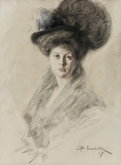 Portrait of a Young Lady in a Feathered Hat, Signed and Dated 1907