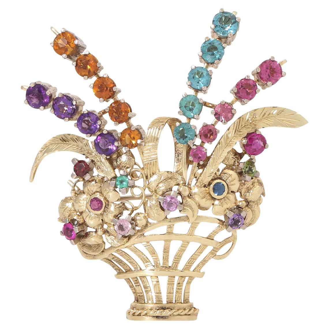 Brosche 'Flower Basket' with Gemstones For Sale