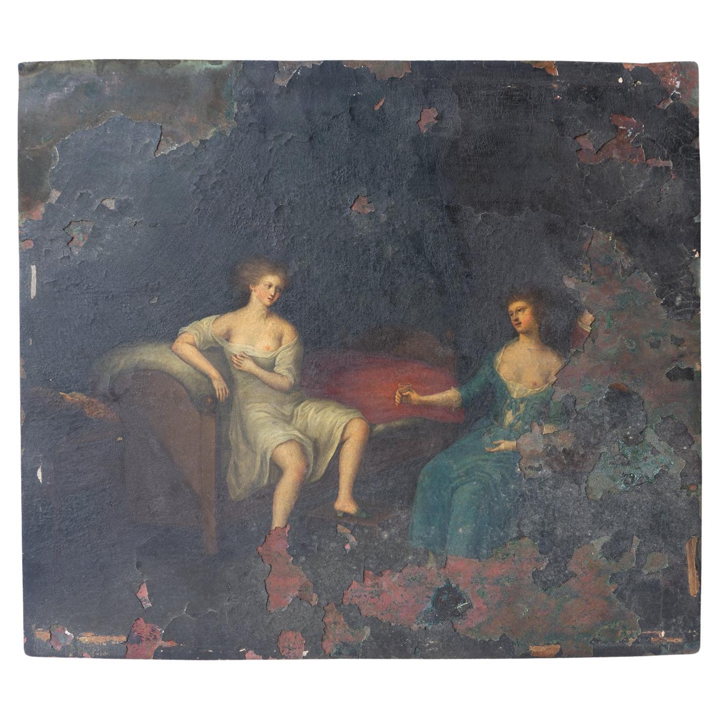 ANTIQUE ORIGINAL OIL ON COPPER PANEL PAINTING

Depicting two scantily clad females with loose robes bearing their breasts. They are relaxing back on some very comfortable-looking soft furnishings drinking and conversing with each other and appear to