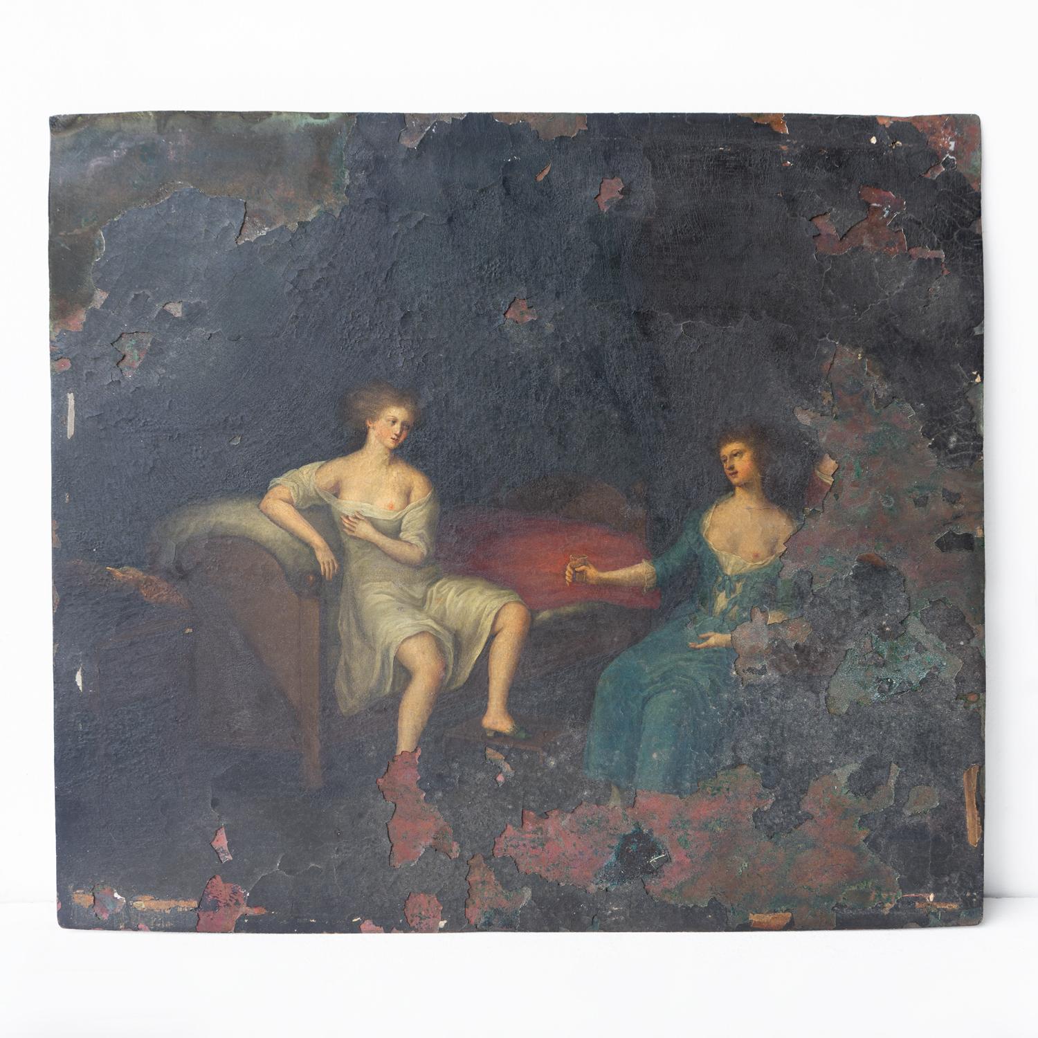 Belgian Brothel Interior Scene, Antique Original Oil On Copper Painting, Late 17th C. For Sale