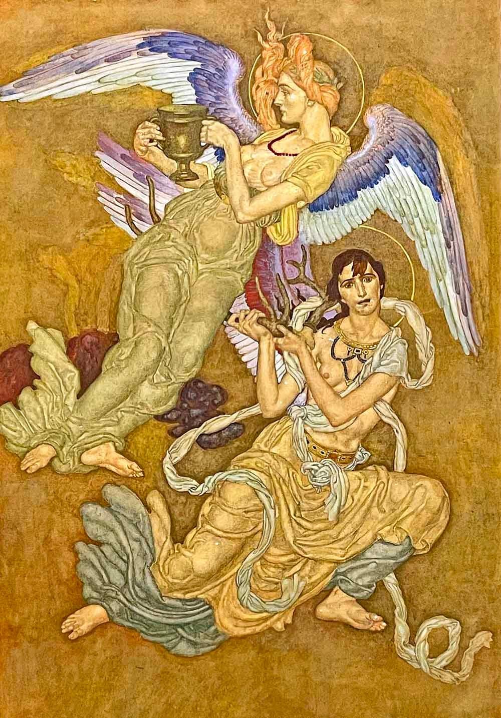 A true Art Deco masterpiece, painted as a final study for one of a series of large murals for the National Elks Memorial in Chicago, finished in 1926, this large gold-hued scene depicts two angels representing 