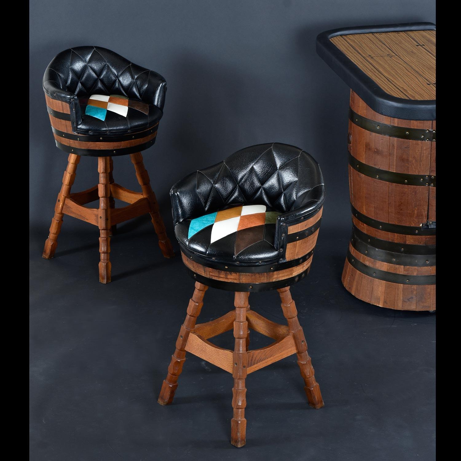 Vintage whisky barrel bar set made by Brothers Furniture Corp. of Livermore, Kentucky. Who know’s whiskey better than Kentucky? This bar set captures the spirit of America itself, scrappy and steadfast. Made from hearty solid oak whiskey barrels,
