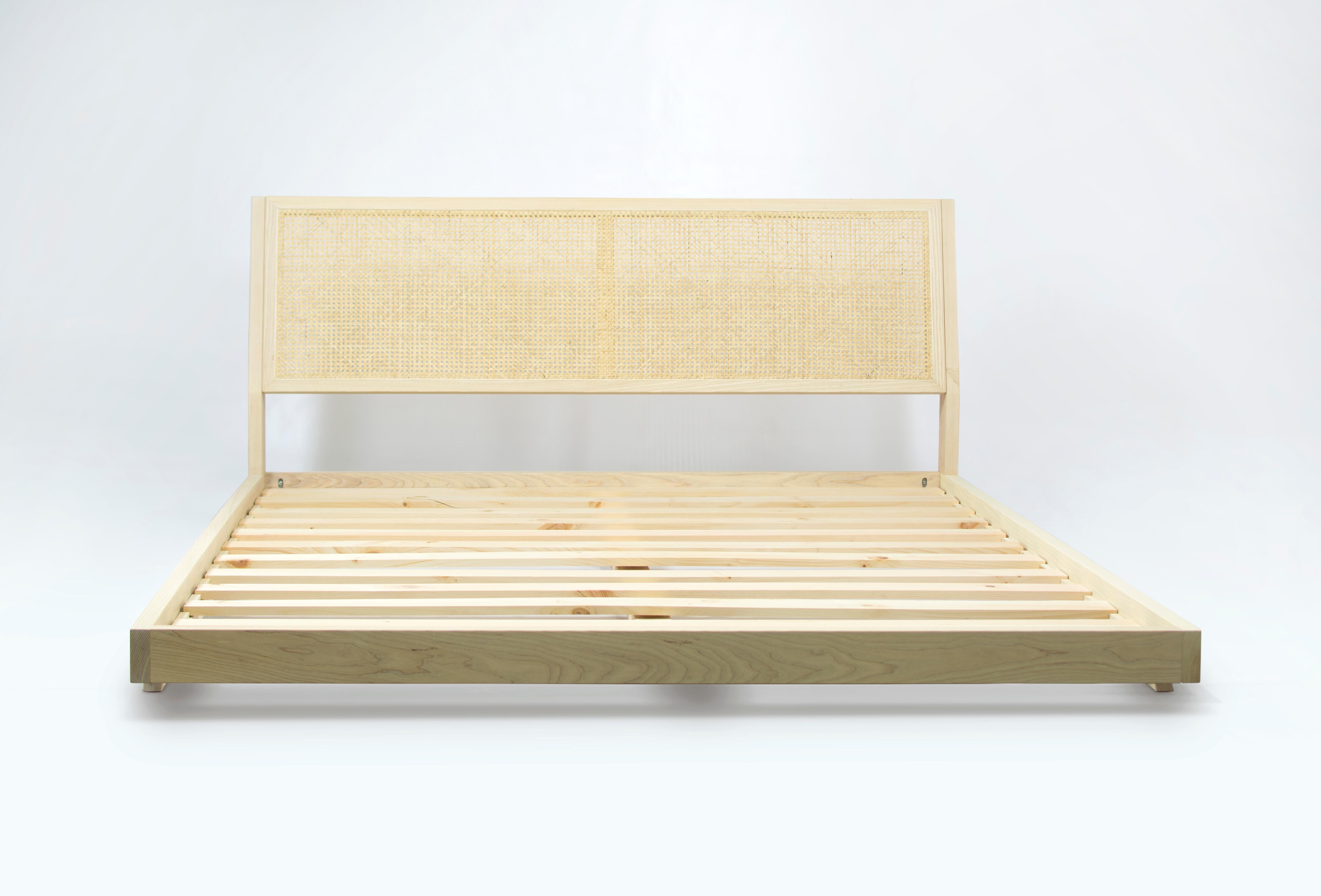Mid-Century Modern Brotherton Bed, Handmade Ash Platform Bed with Caned Back For Sale
