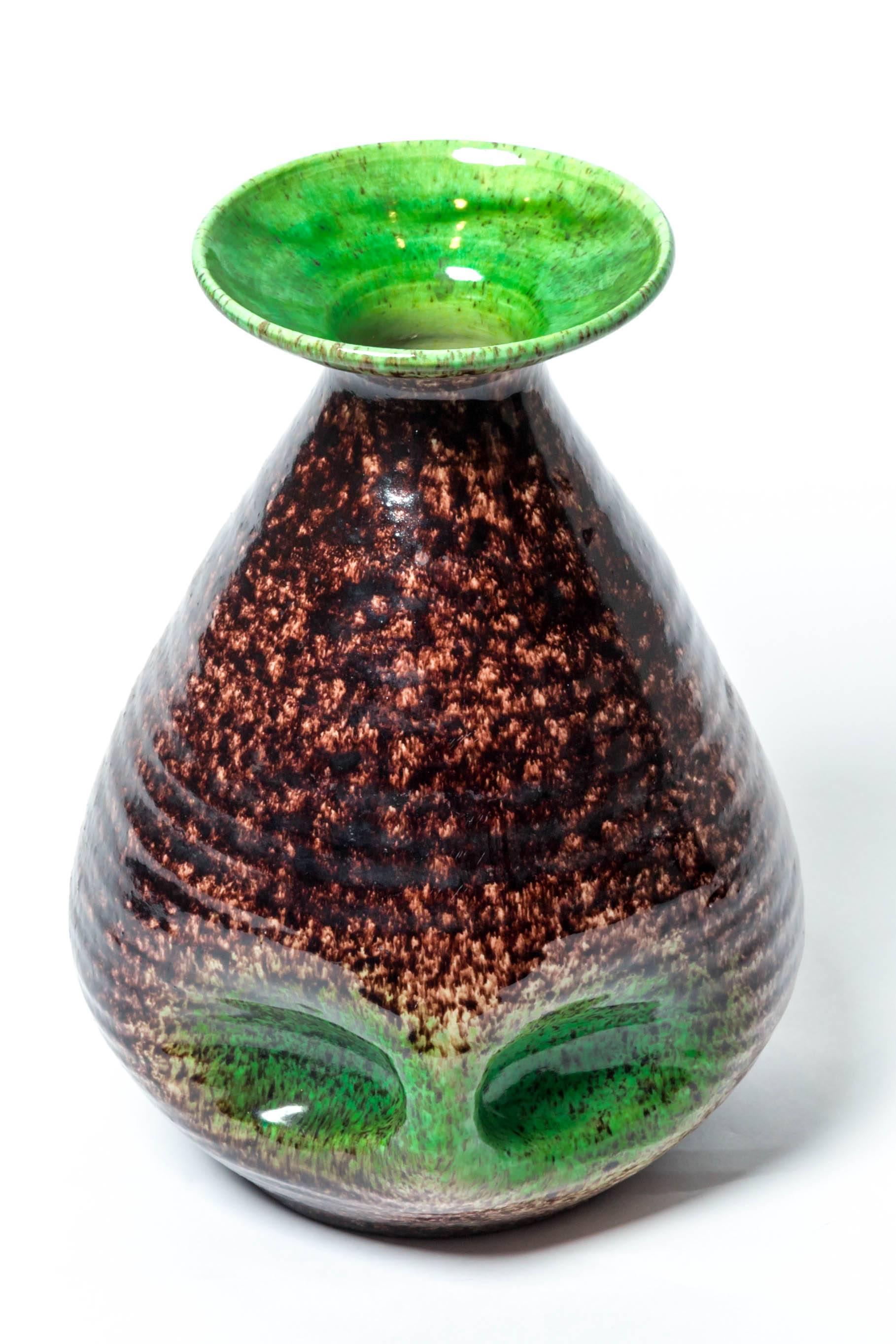 Brown and green ceramic vase by Accolay, France, 1970s.
Numbered marking on base.