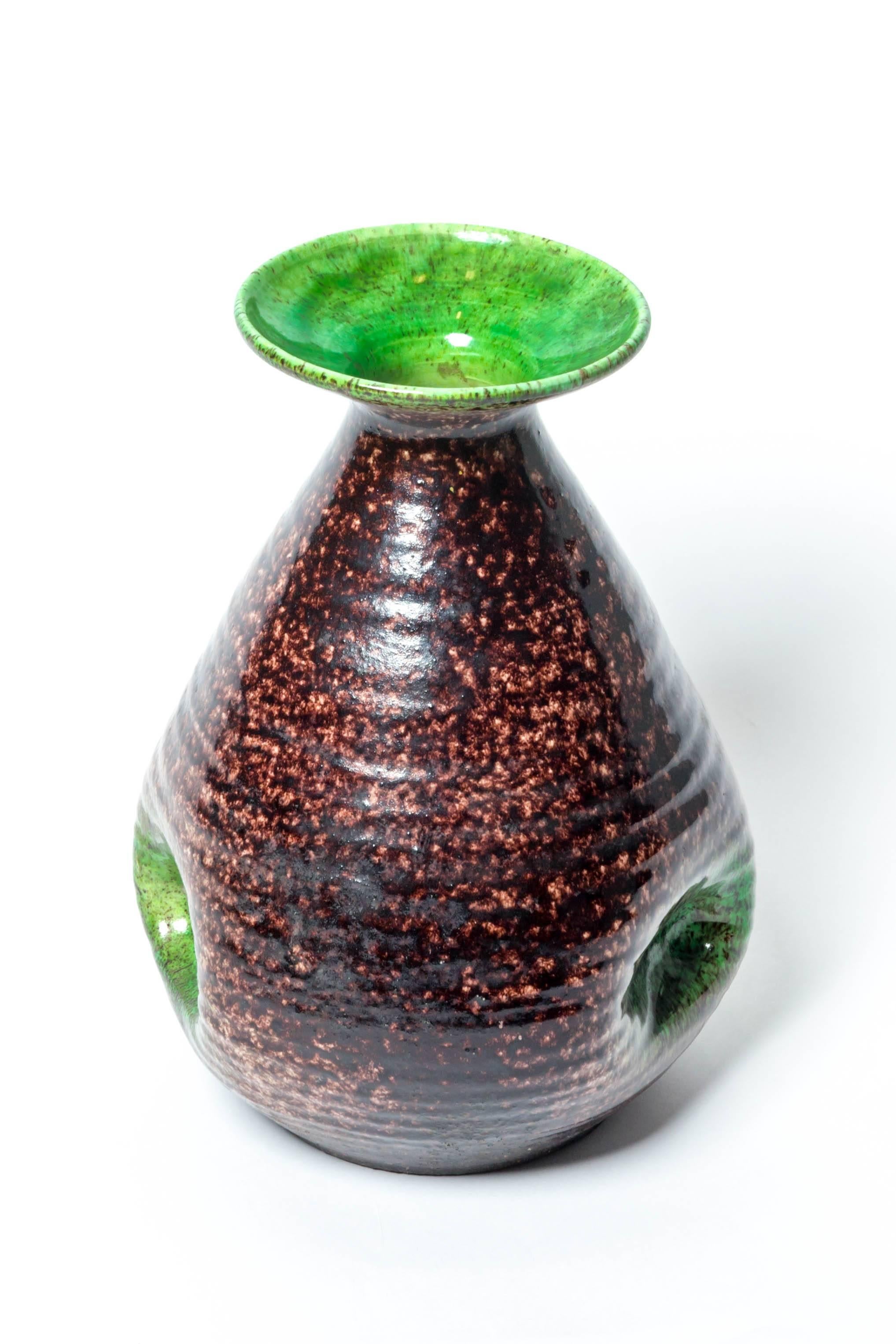 French Brown and Green Ceramic Vase by Accolay