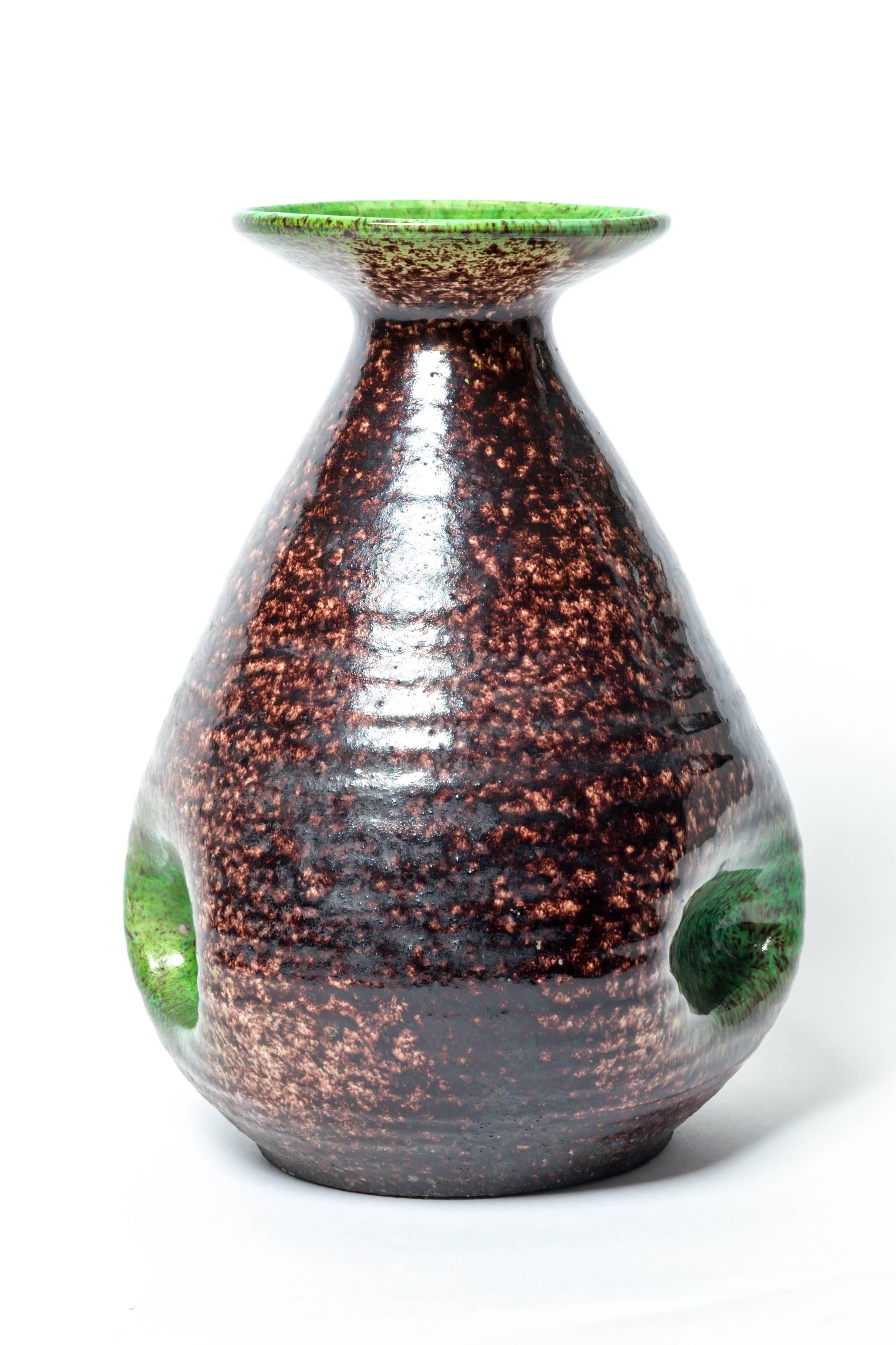 Brown and Green Ceramic Vase by Accolay In Excellent Condition In New York City, NY