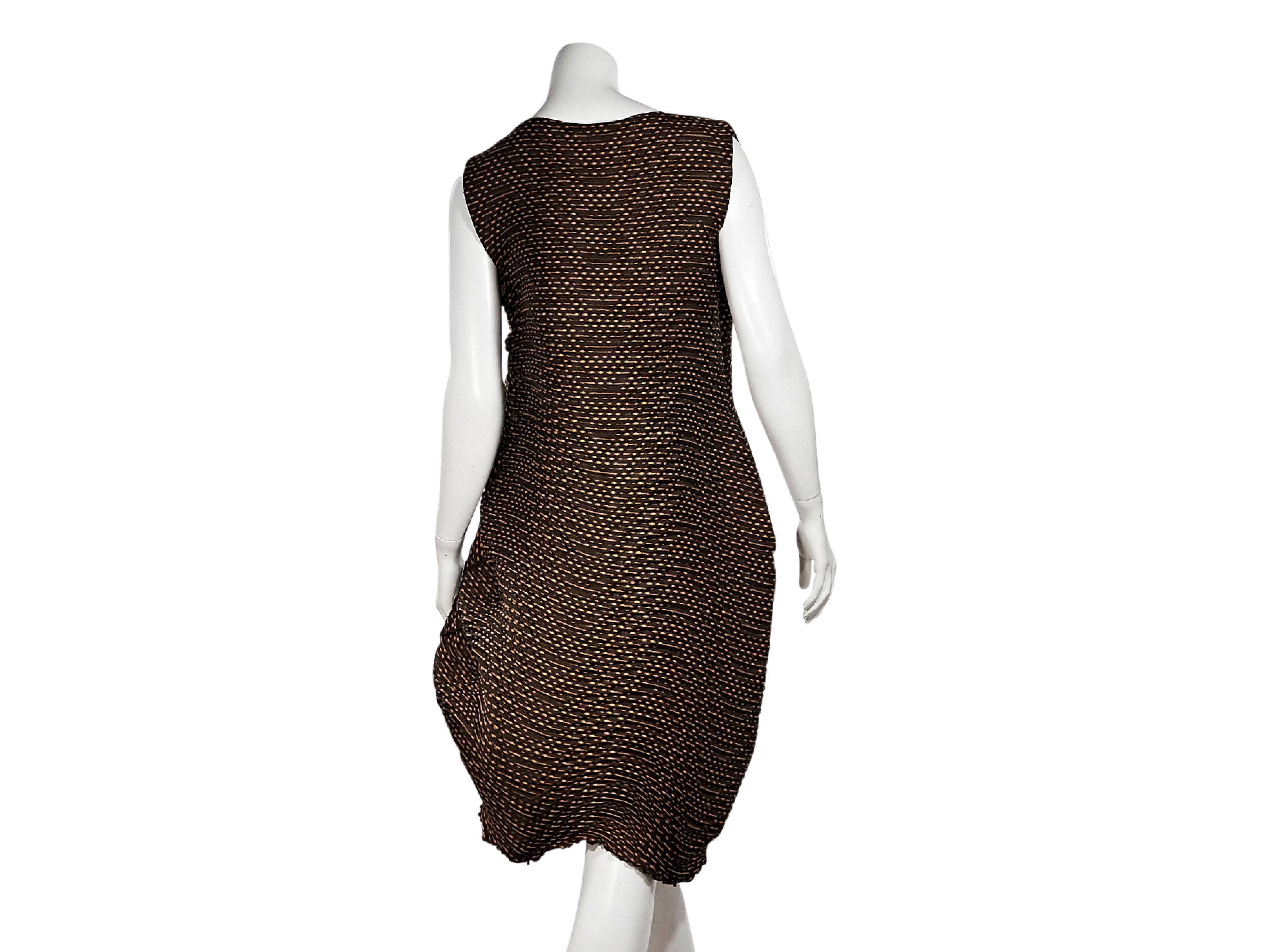 Product details:  Brown and orange pleated dress by Issey Miyake.  Scoopneck.  Sleeveless.  Gathered hem detail.  Pullover style.  40