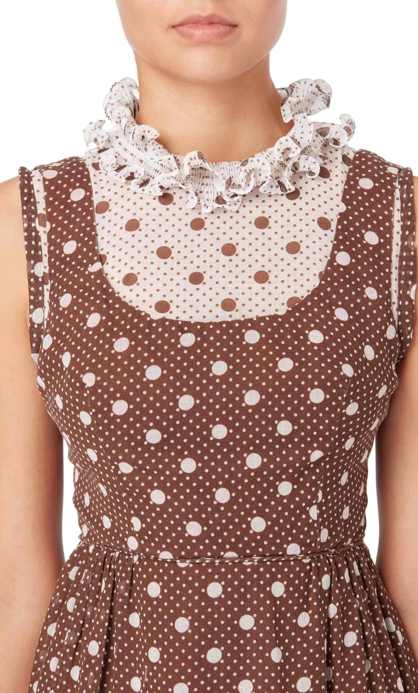 Brown & white polka dot sleeveless dress, circa 1968 For Sale 1