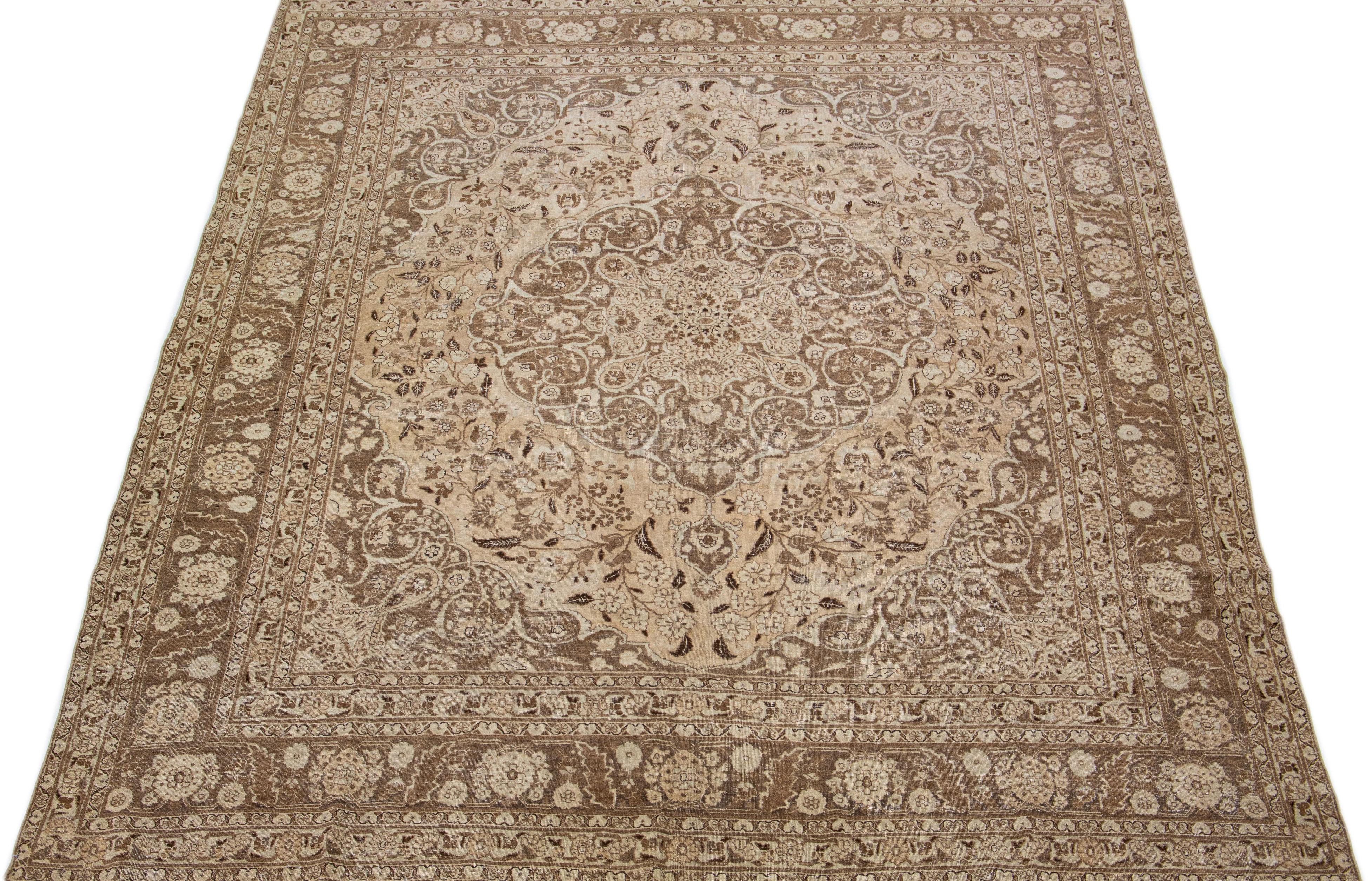 Brown 1920s Antique Persian Tabriz Handmade Wool Rug with Medallion Design For Sale 1