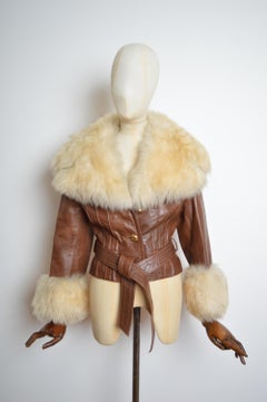 Brown 1960's Penny Lane leather & Cream fluffy shearling Collar Coat - Jacket