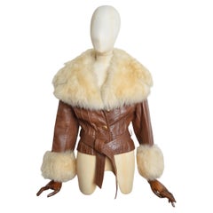 Brown 1960's Penny Lane leather & Cream fluffy shearling Collar Coat - Jacket