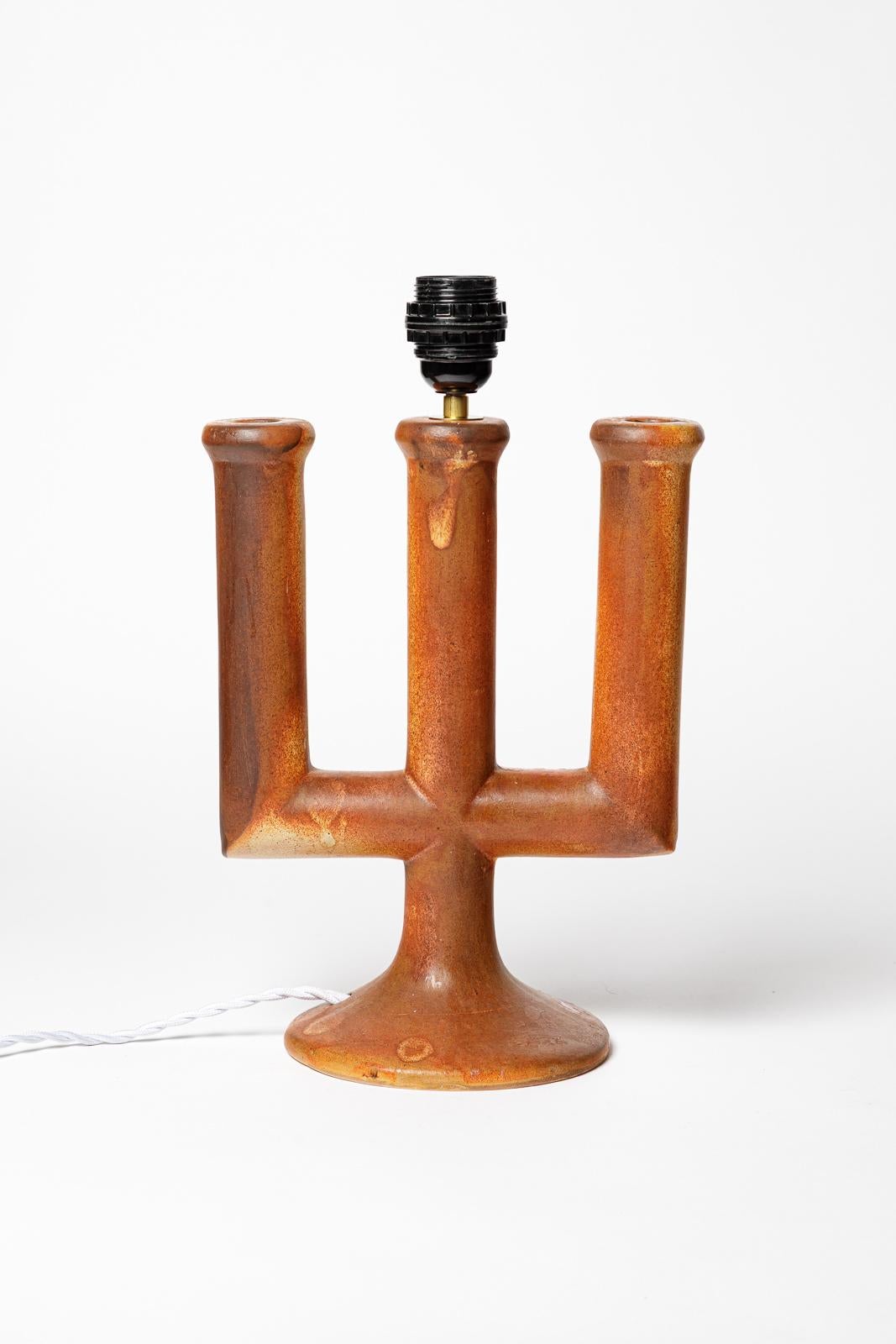 Brown 20th century design ceramic table lamp by Les Grottes Dieulefit 1970 In Excellent Condition For Sale In Neuilly-en- sancerre, FR