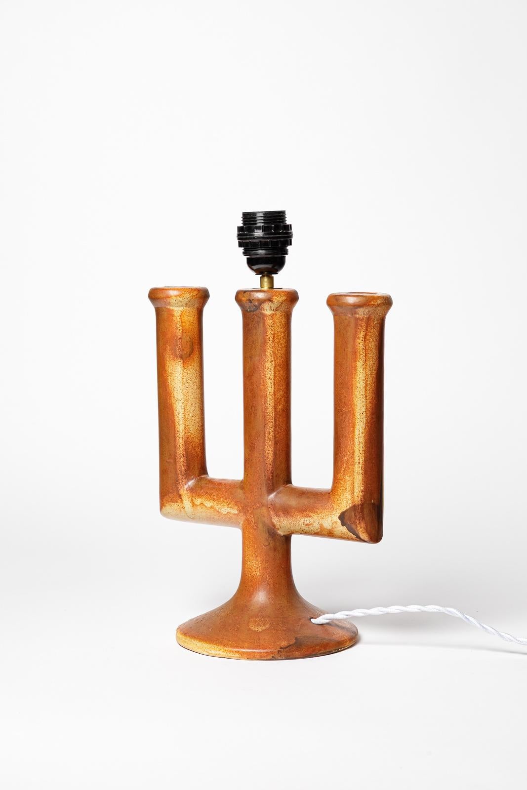 Brown 20th century design ceramic table lamp by Les Grottes Dieulefit 1970 For Sale 1