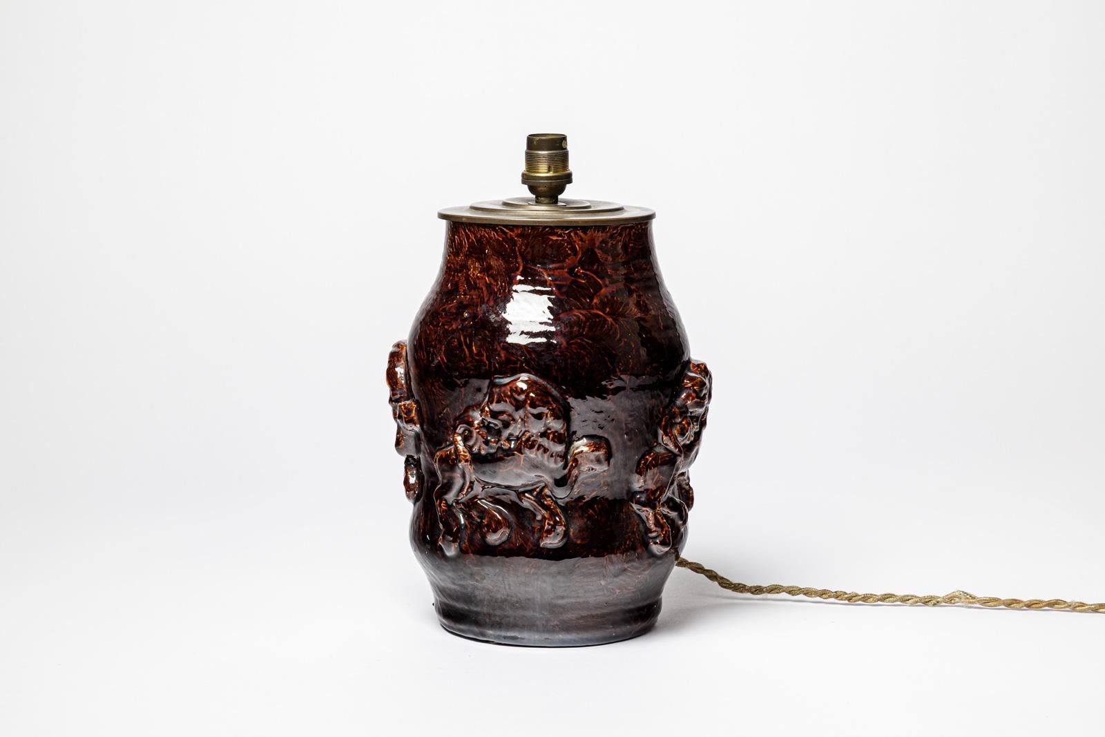Brown 20th CENTURY DESIGN löwen keramik tischlampe von Jean Austruy 29 cm (Moderne der Mitte des Jahrhunderts) im Angebot