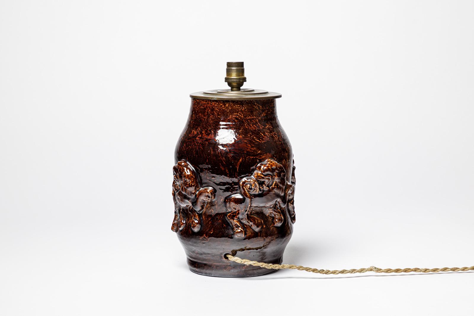 Brown 20th CENTURY DESIGN löwen keramik tischlampe von Jean Austruy 29 cm (Französisch) im Angebot
