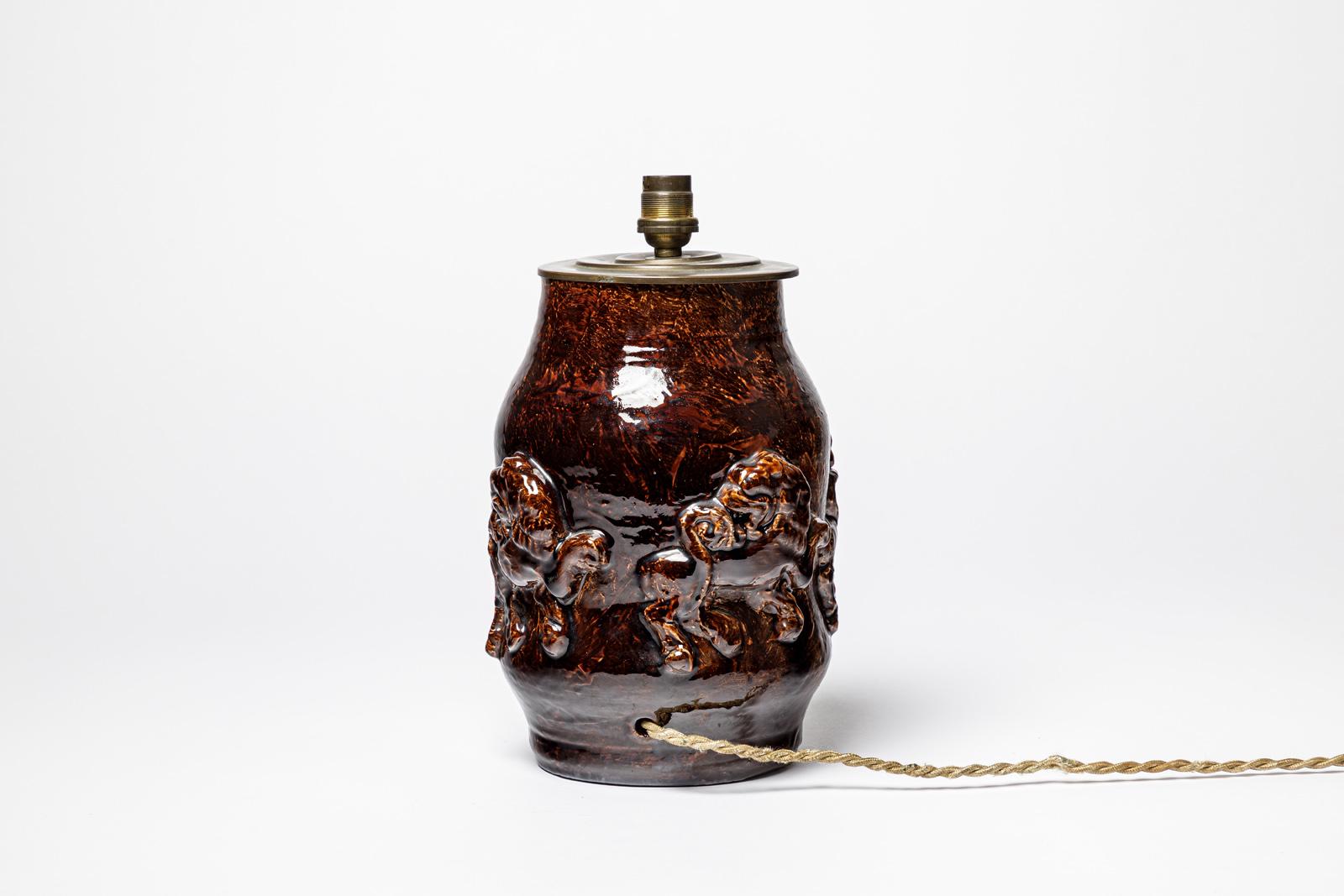 Mid-Century Modern Lampe à poser Brown 20th century design lions ceramic by Jean Austruy 29 cm en vente