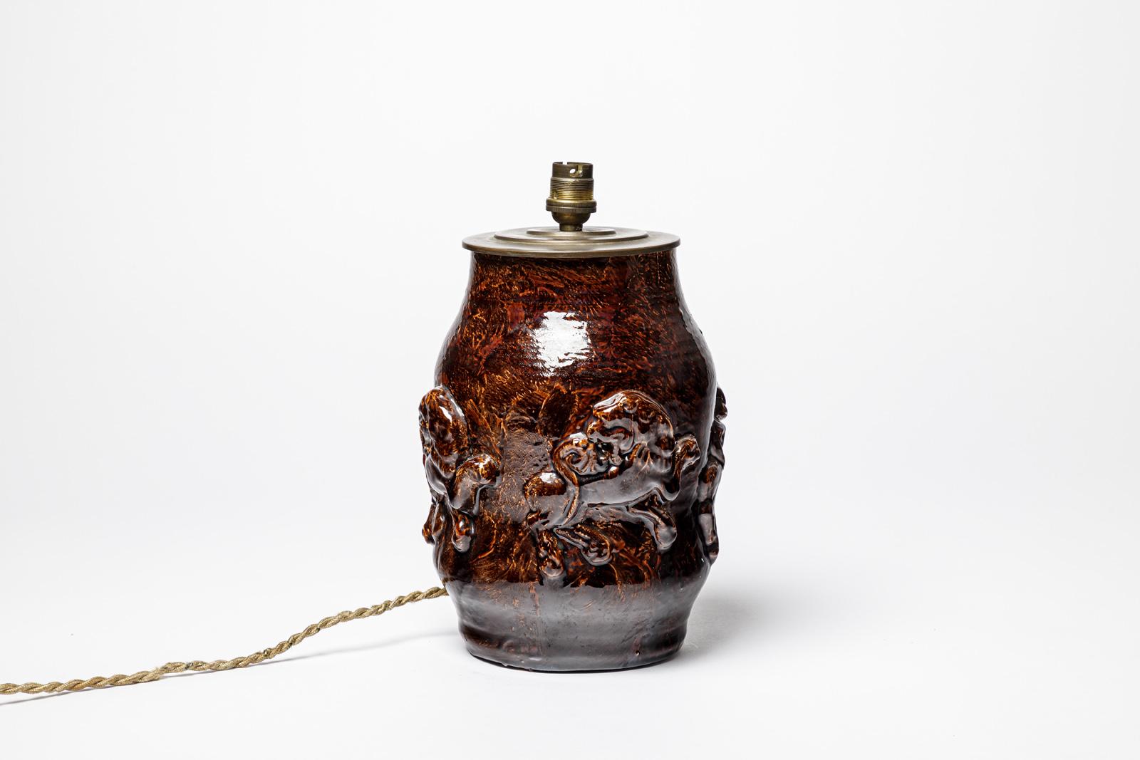 Brown 20th CENTURY DESIGN löwen keramik tischlampe von Jean Austruy 29 cm im Zustand „Hervorragend“ im Angebot in Neuilly-en- sancerre, FR