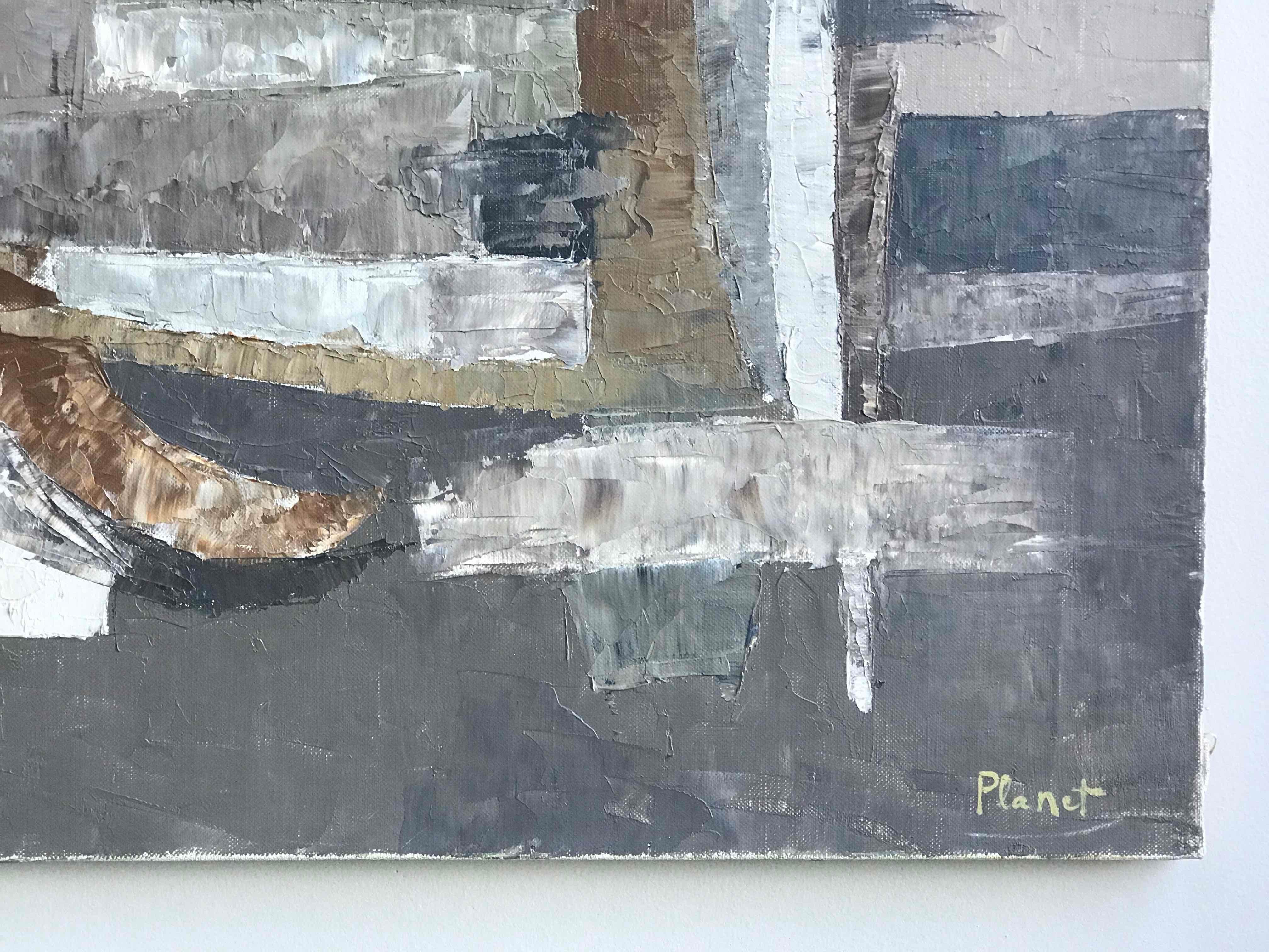 Mid-Century Modern Brown Abstract Painting by Artist Planet Circa 1960