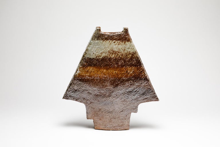 Brown Abstract Stoneware Ceramic Vase by F Marechal handmade Pottery In Excellent Condition For Sale In Neuilly-en- sancerre, FR