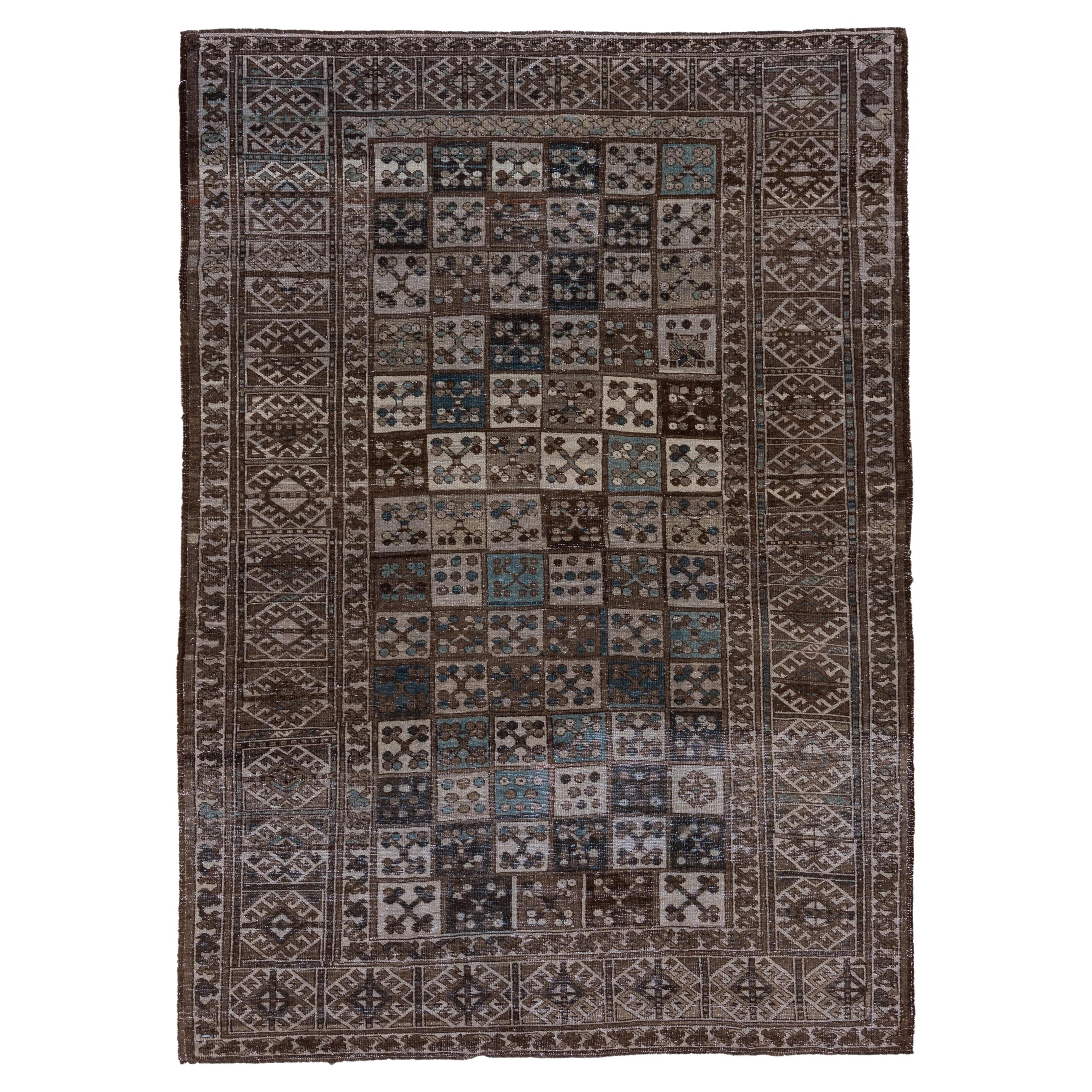 Brown Afghan Ersari Carpet, Allover Field, Blue Tones, Teal Tones