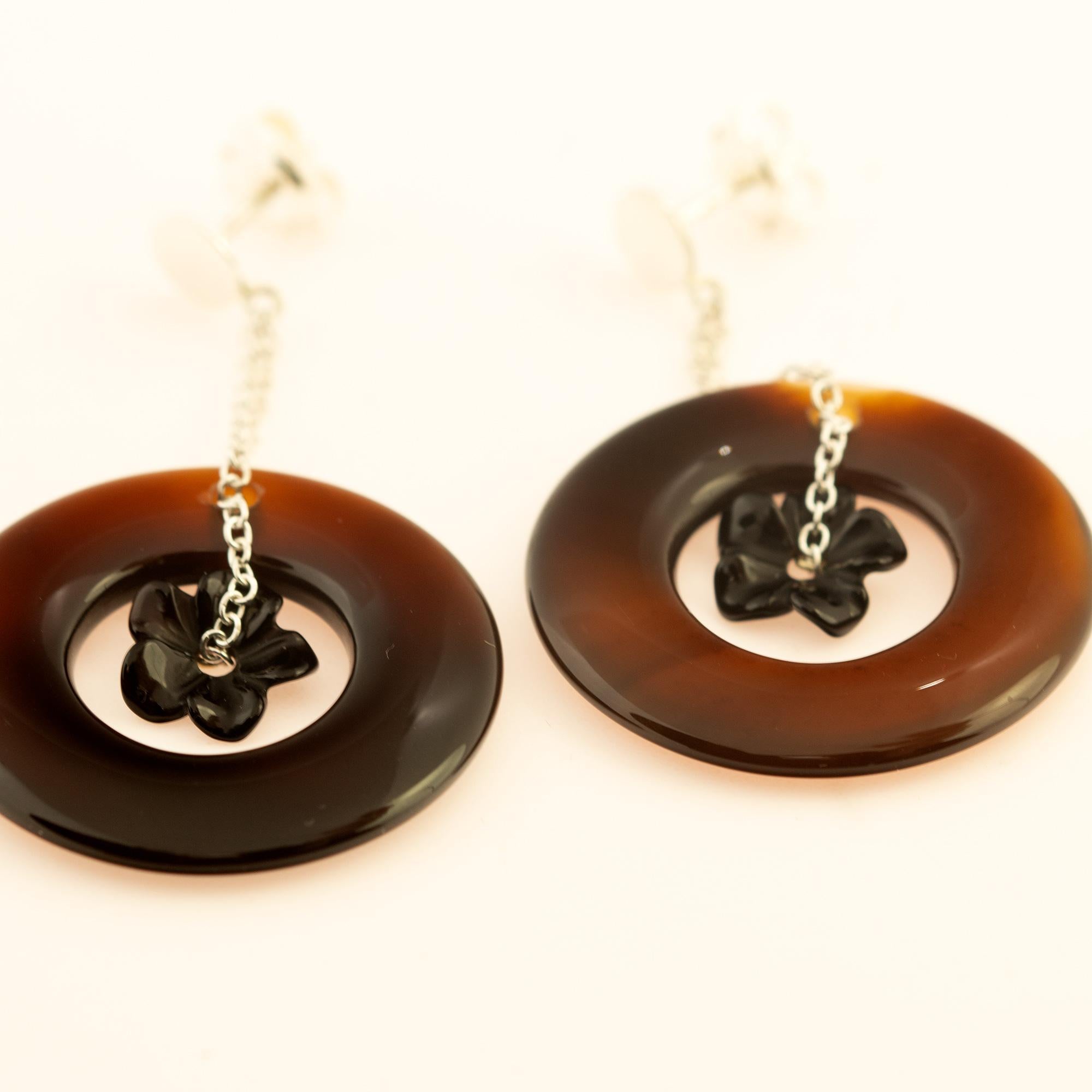 Artisan Boucles d'oreilles cocktail fleur en agate brune 925 en argent sterling Intini Jewels en vente