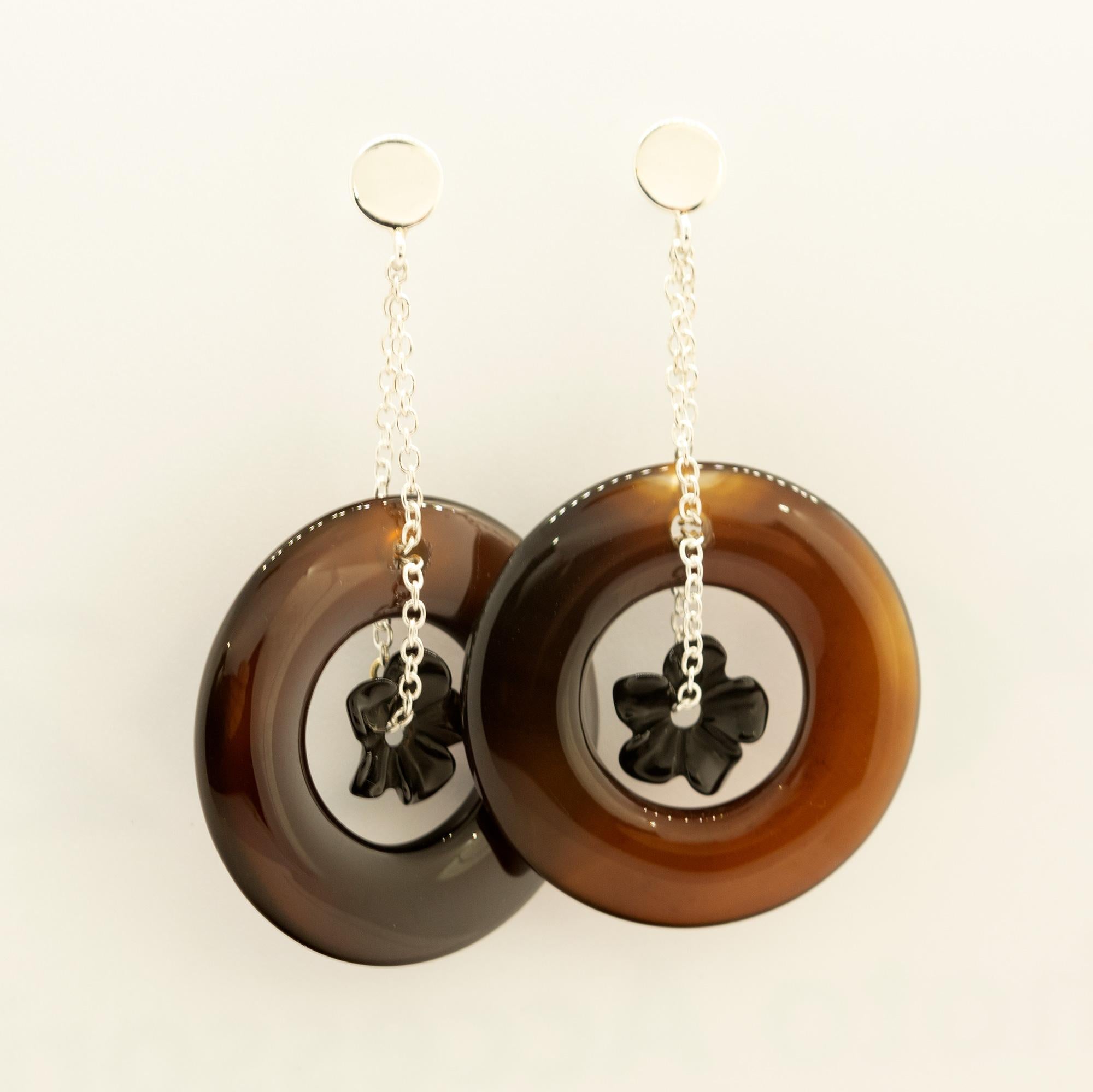 Boucles d'oreilles cocktail fleur en agate brune 925 en argent sterling Intini Jewels Neuf - En vente à Milano, IT