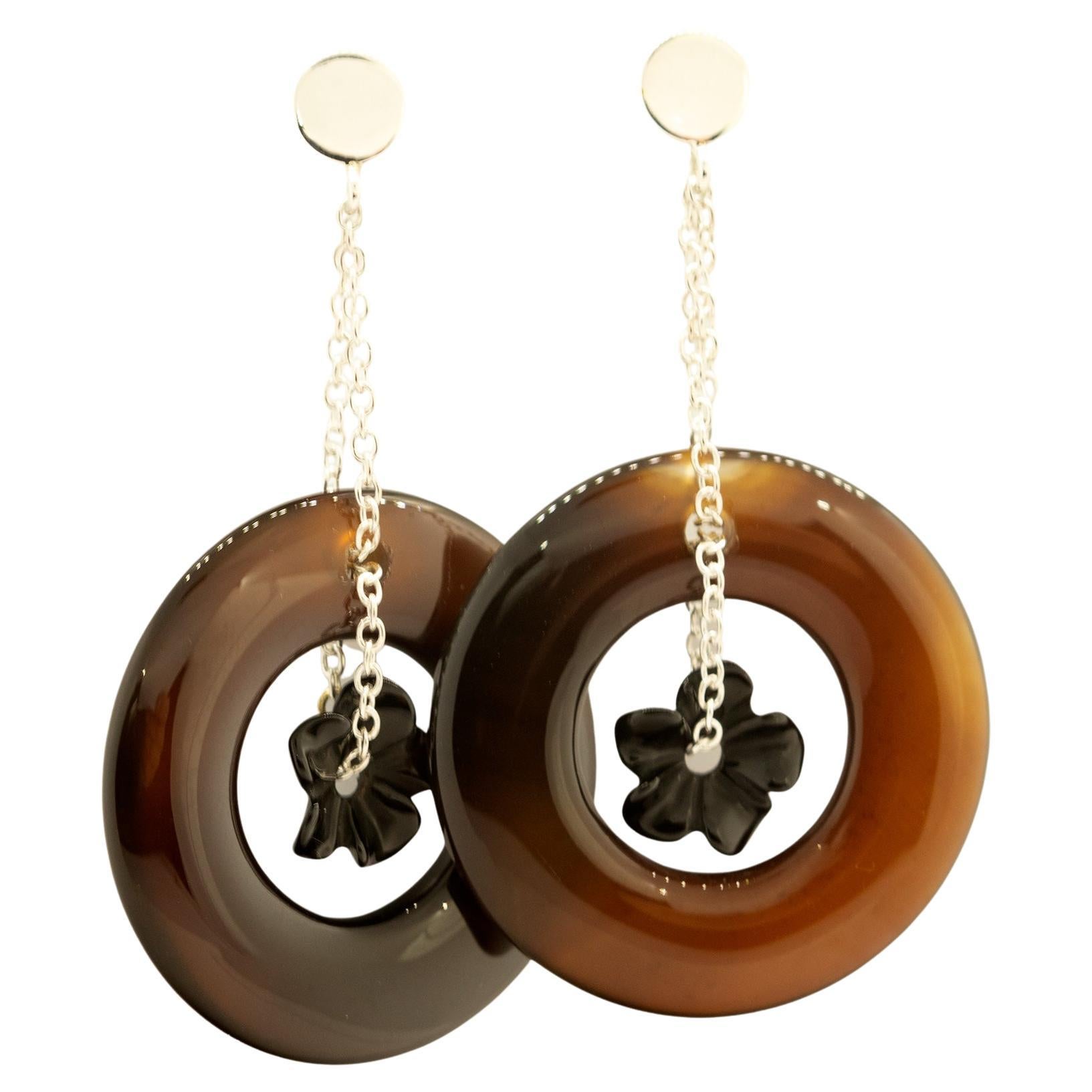 Boucles d
oreilles cocktail fleur en agate brune 925 en argent sterling Intini Jewels