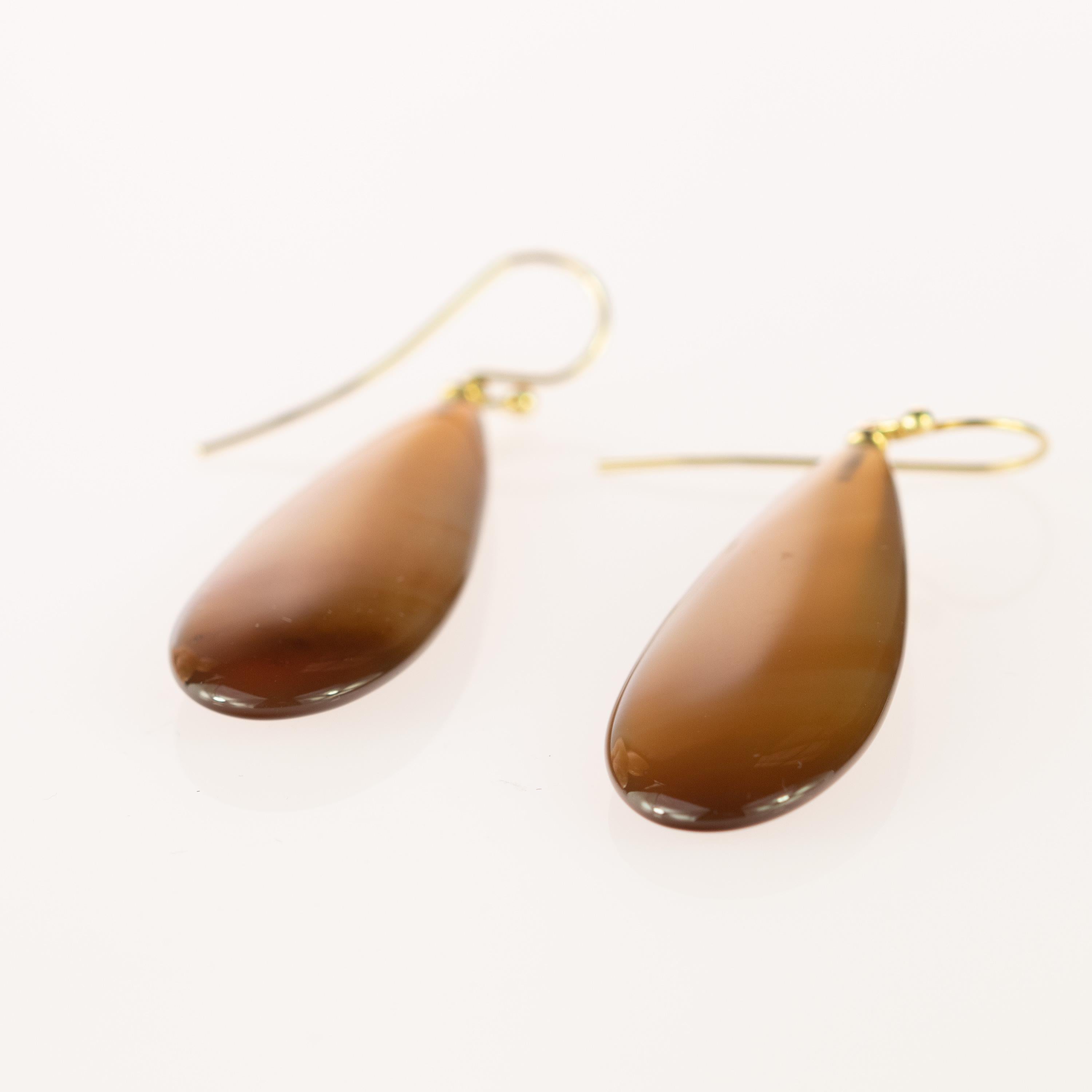 Brown Agate Tear Drop 18 Karat Yellow Gold Chain Crafted Long Dangle Earrings For Sale 2