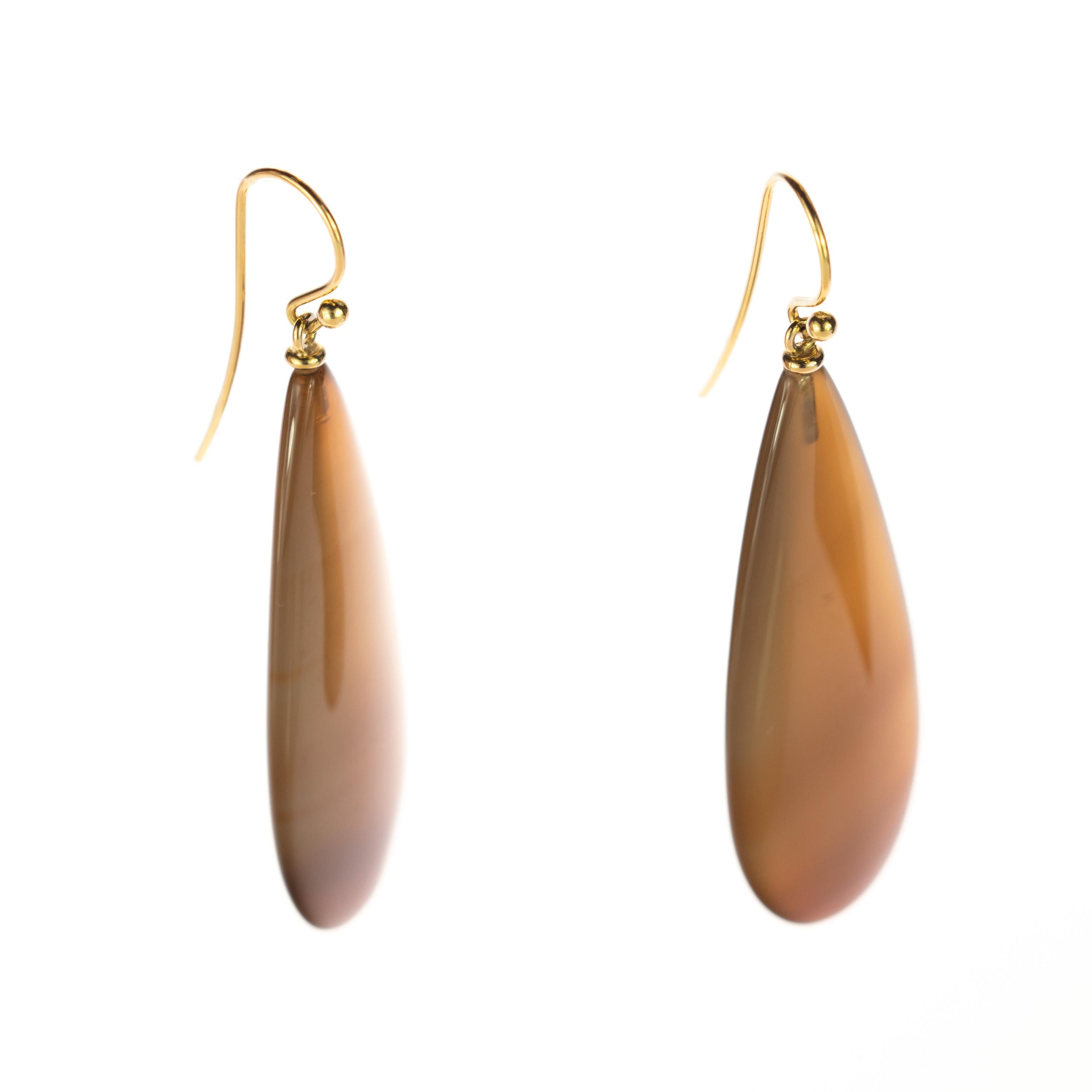 Women's Brown Agate Tear Drop 18 Karat Yellow Gold Chain Crafted Long Dangle Earrings For Sale