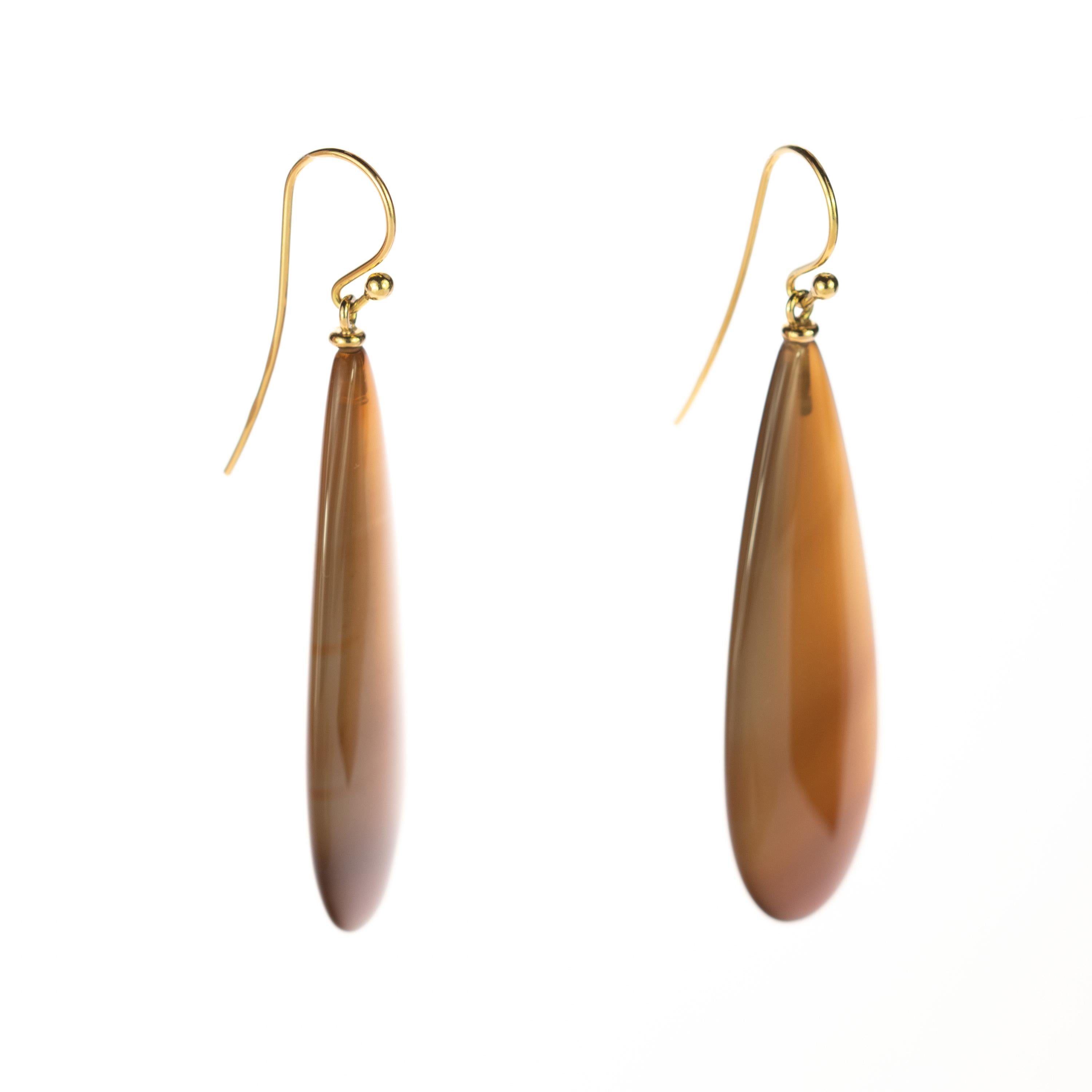 Brown Agate Tear Drop 18 Karat Yellow Gold Chain Crafted Long Dangle Earrings For Sale 1