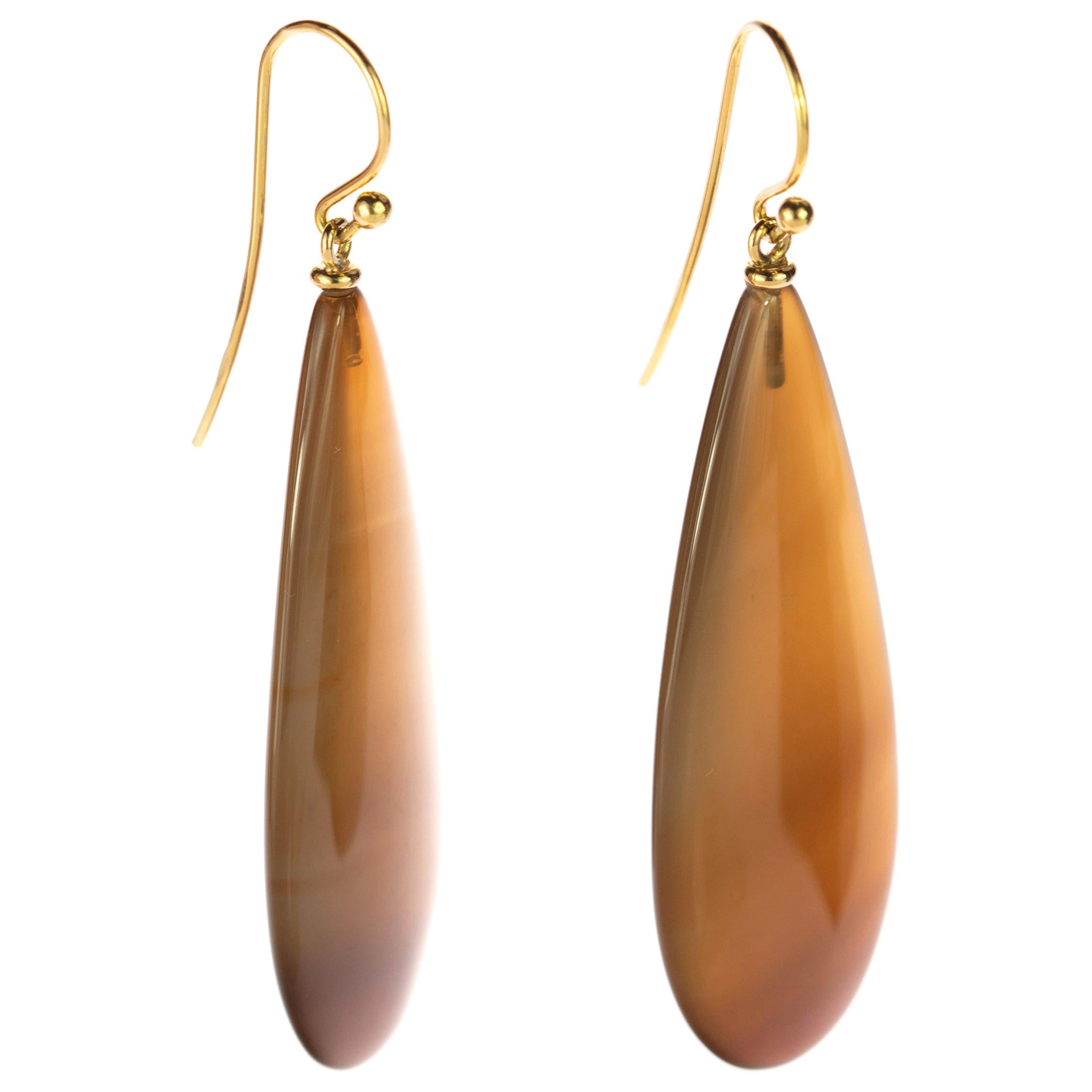 Brown Agate Tear Drop 18 Karat Yellow Gold Chain Crafted Long Dangle Earrings For Sale