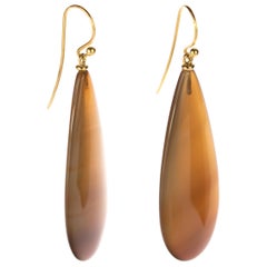 Brown Agate Tear Drop 18 Karat Yellow Gold Chain Crafted Long Dangle Earrings