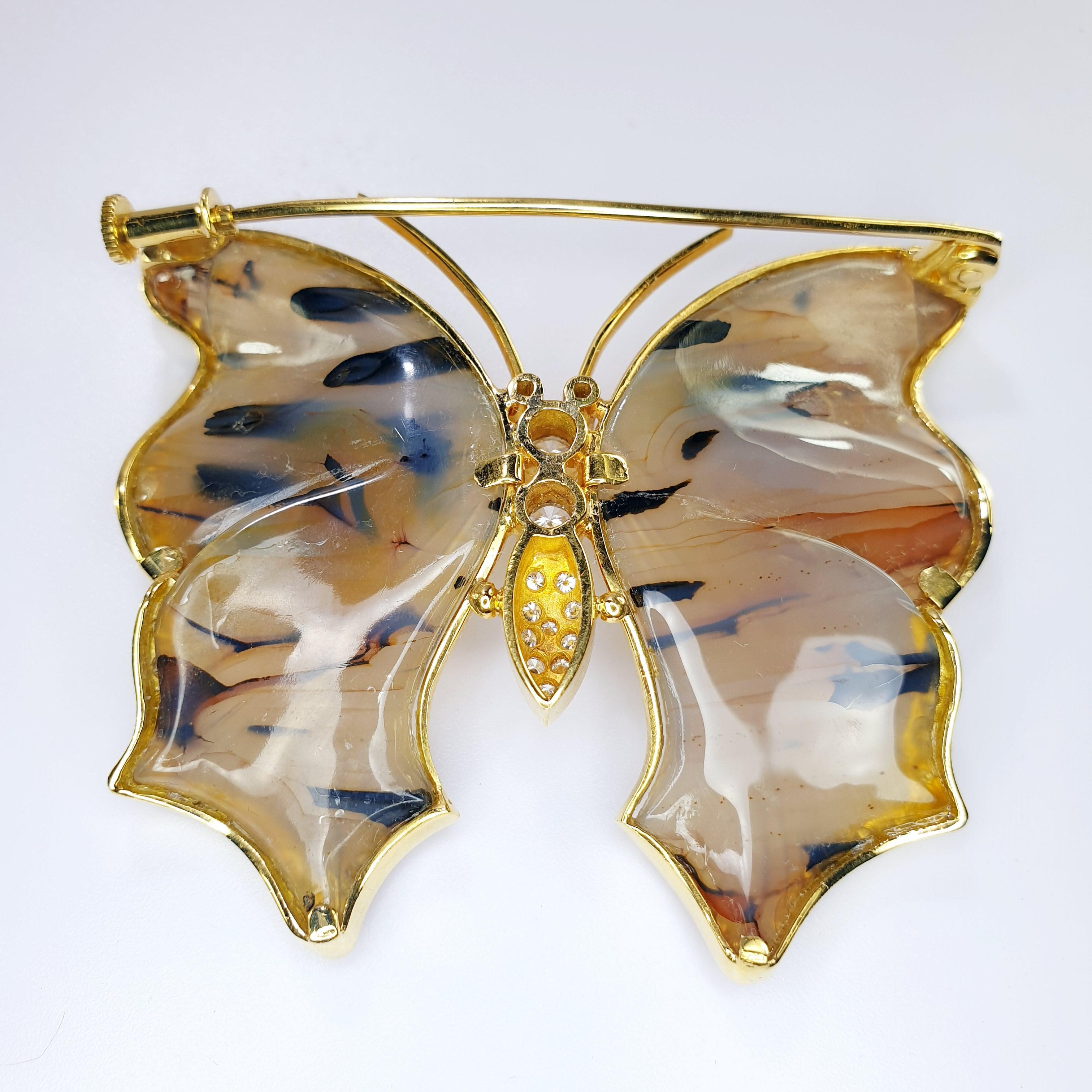 Art Nouveau Brown Agatha Butterfly Brooch in 18 Karat Yellow Gold and Diamonds For Sale