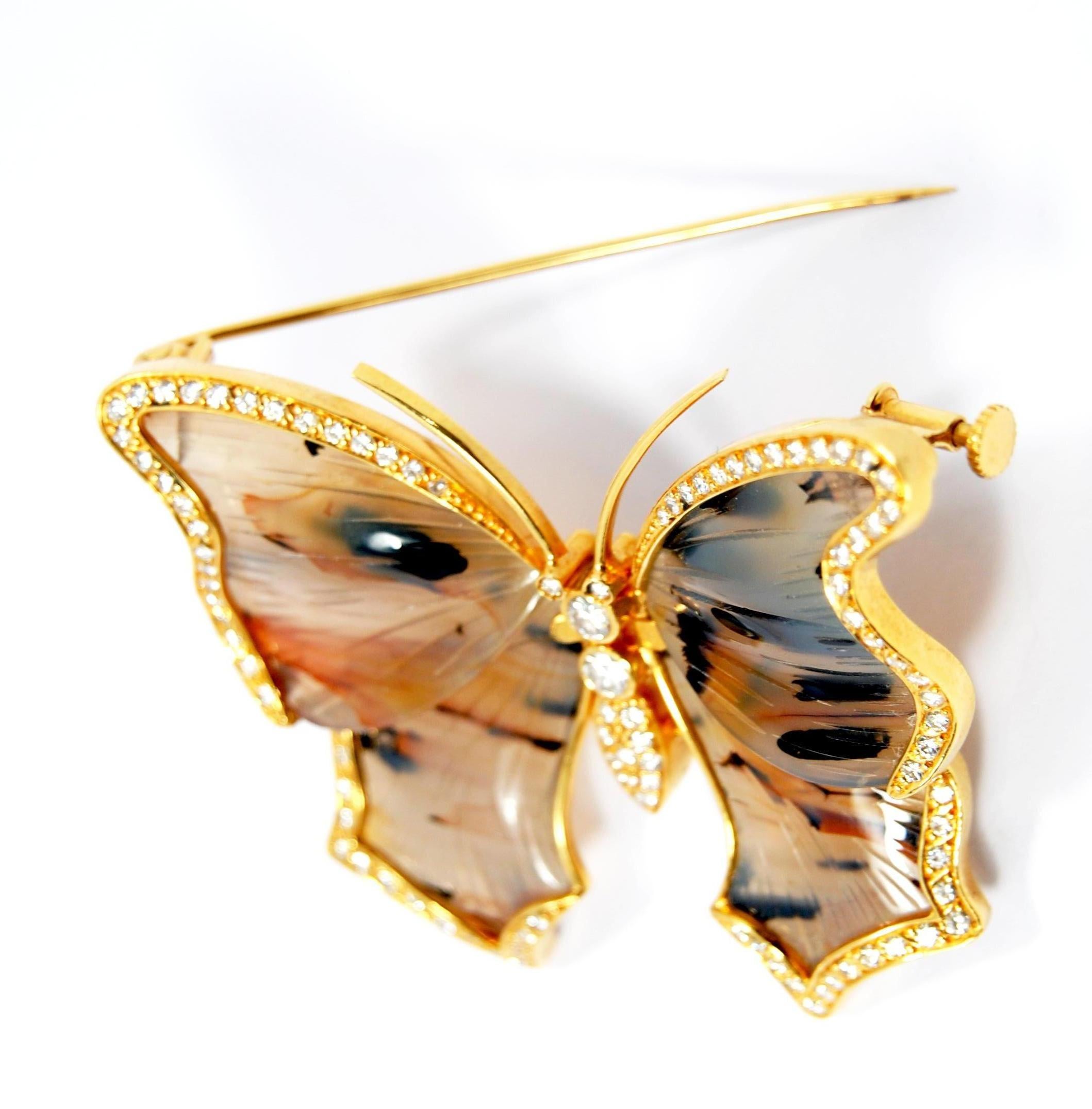 Brilliant Cut Brown Agatha Butterfly Brooch in 18 Karat Yellow Gold and Diamonds For Sale