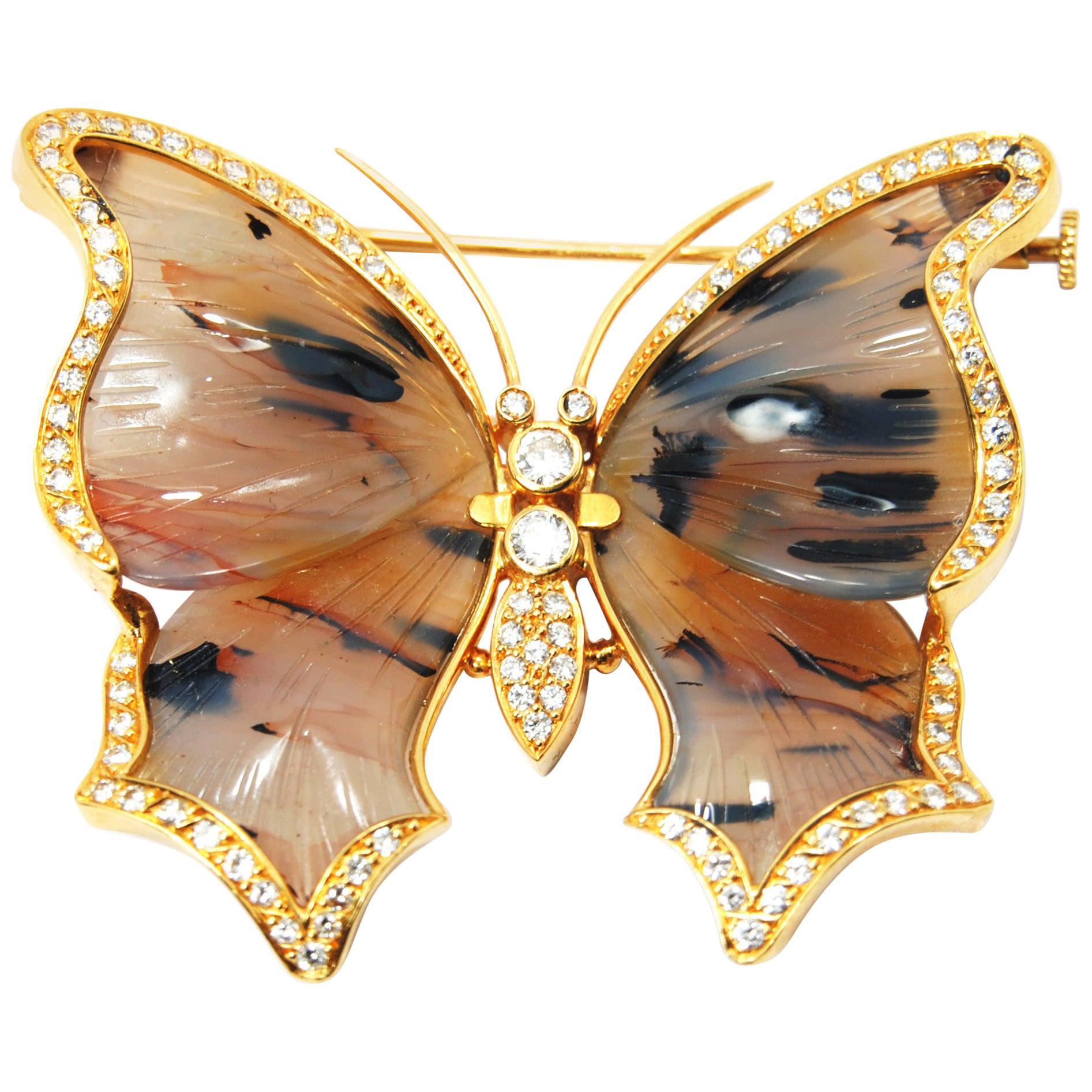 Brown Agatha Butterfly Brooch in 18 Karat Yellow Gold and Diamonds For Sale