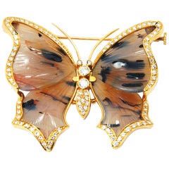Brown Agatha Butterfly Brooch in 18 Karat Yellow Gold and Diamonds