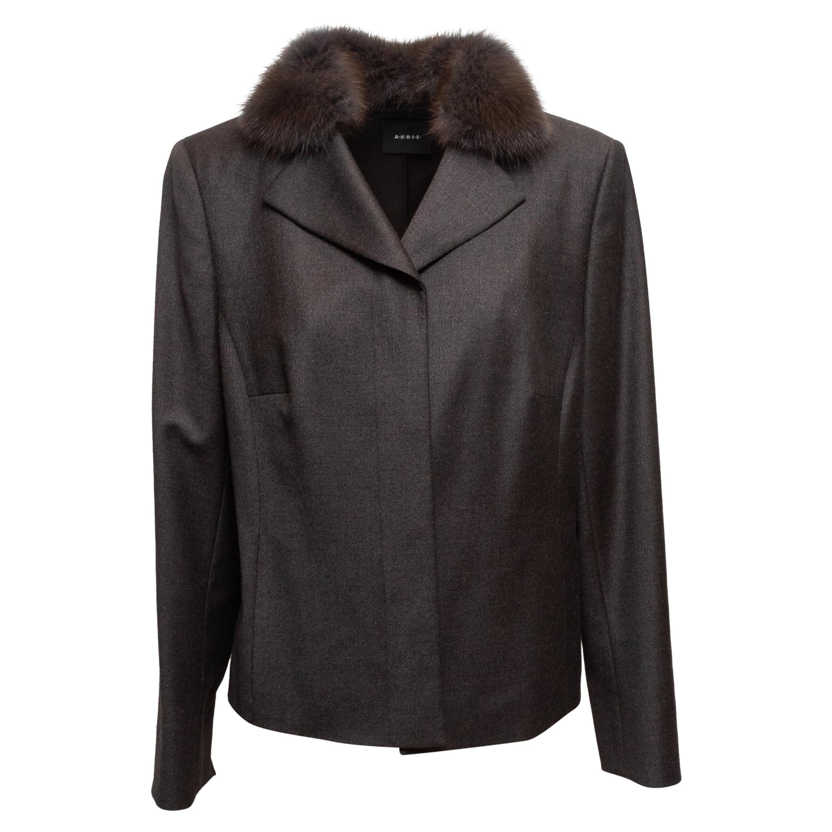 Brown Akris Wool Fur-Trimmed Jacket Size US 12